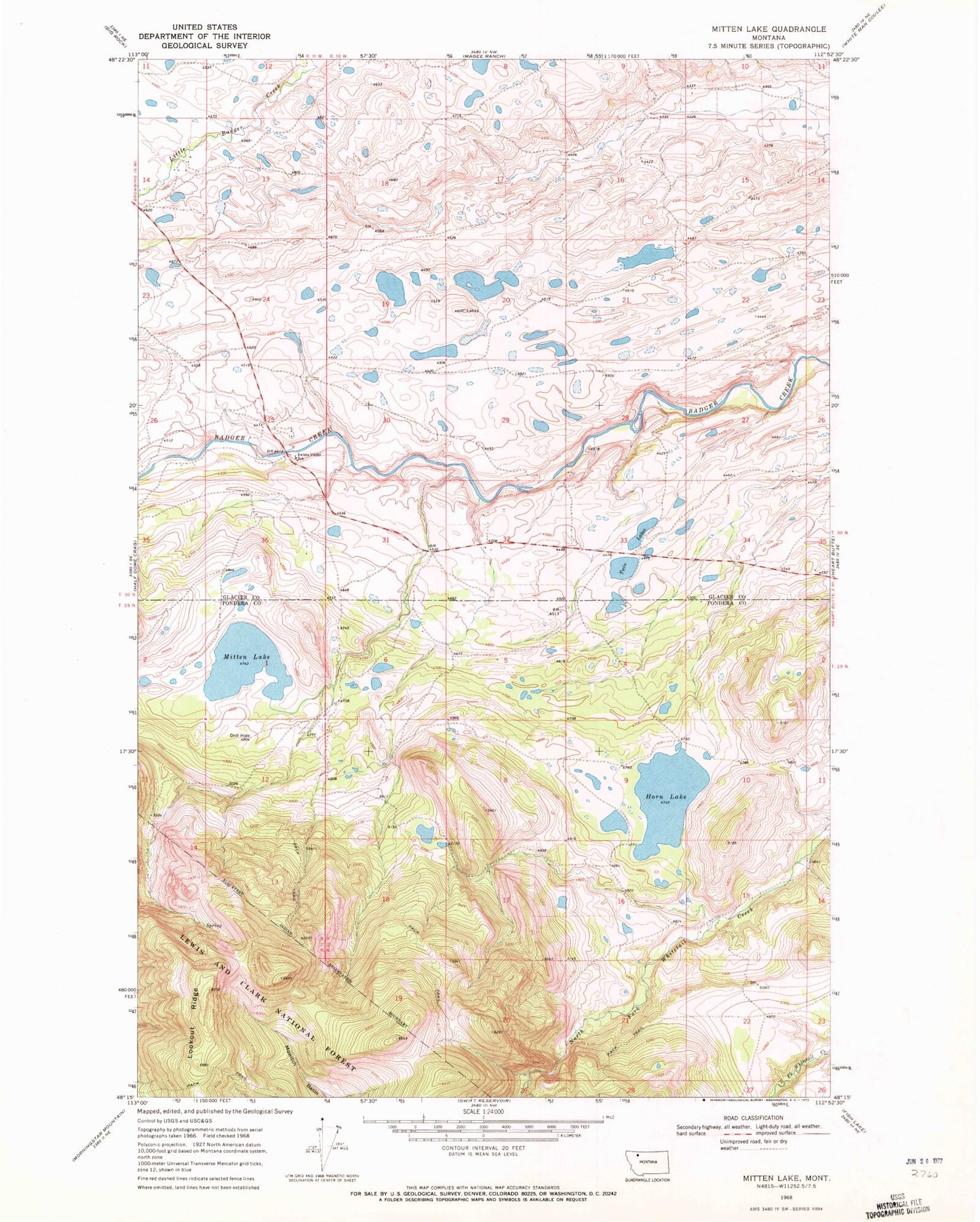 Classic USGS Mitten Lake Montana 7.5'x7.5' Topo Map Image