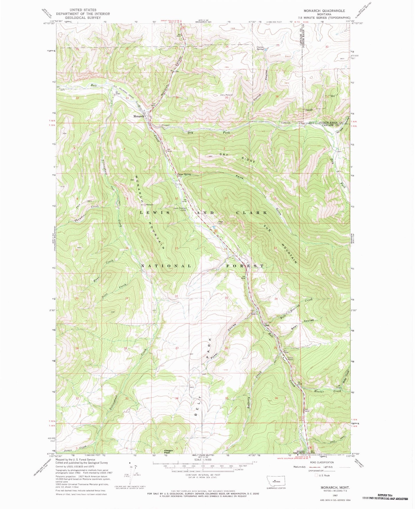 Classic USGS Monarch Montana 7.5'x7.5' Topo Map Image