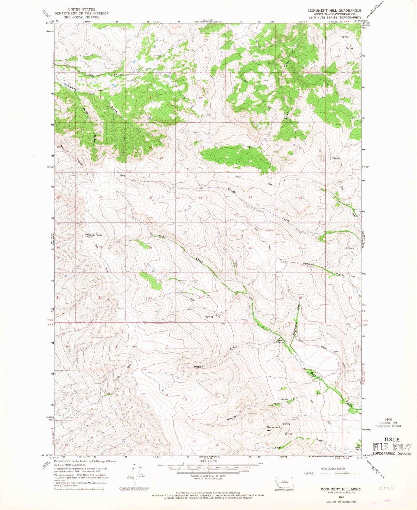 Classic USGS Monument Hill Montana 7.5'x7.5' Topo Map Image