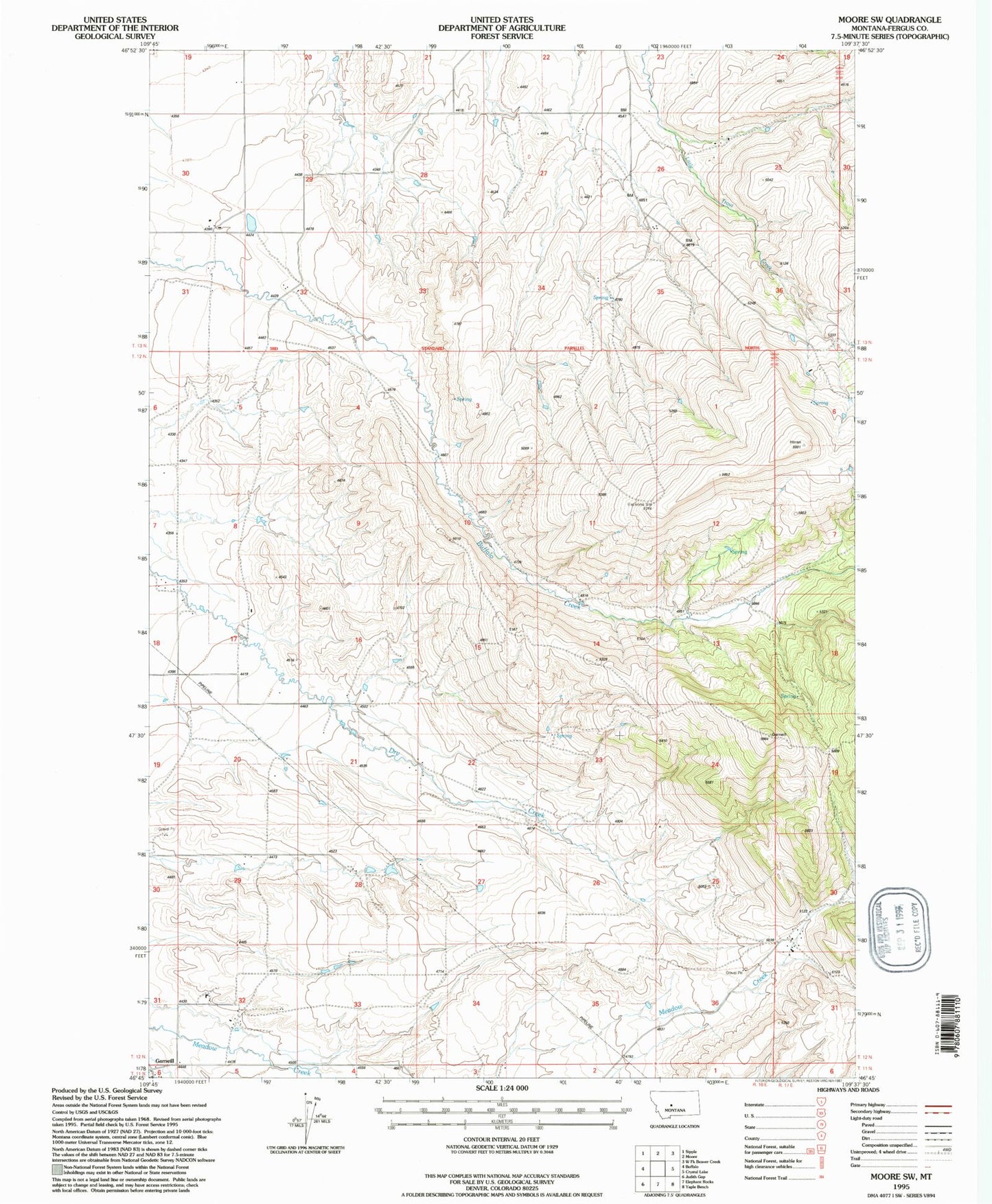 Classic USGS Moore SW Montana 7.5'x7.5' Topo Map Image