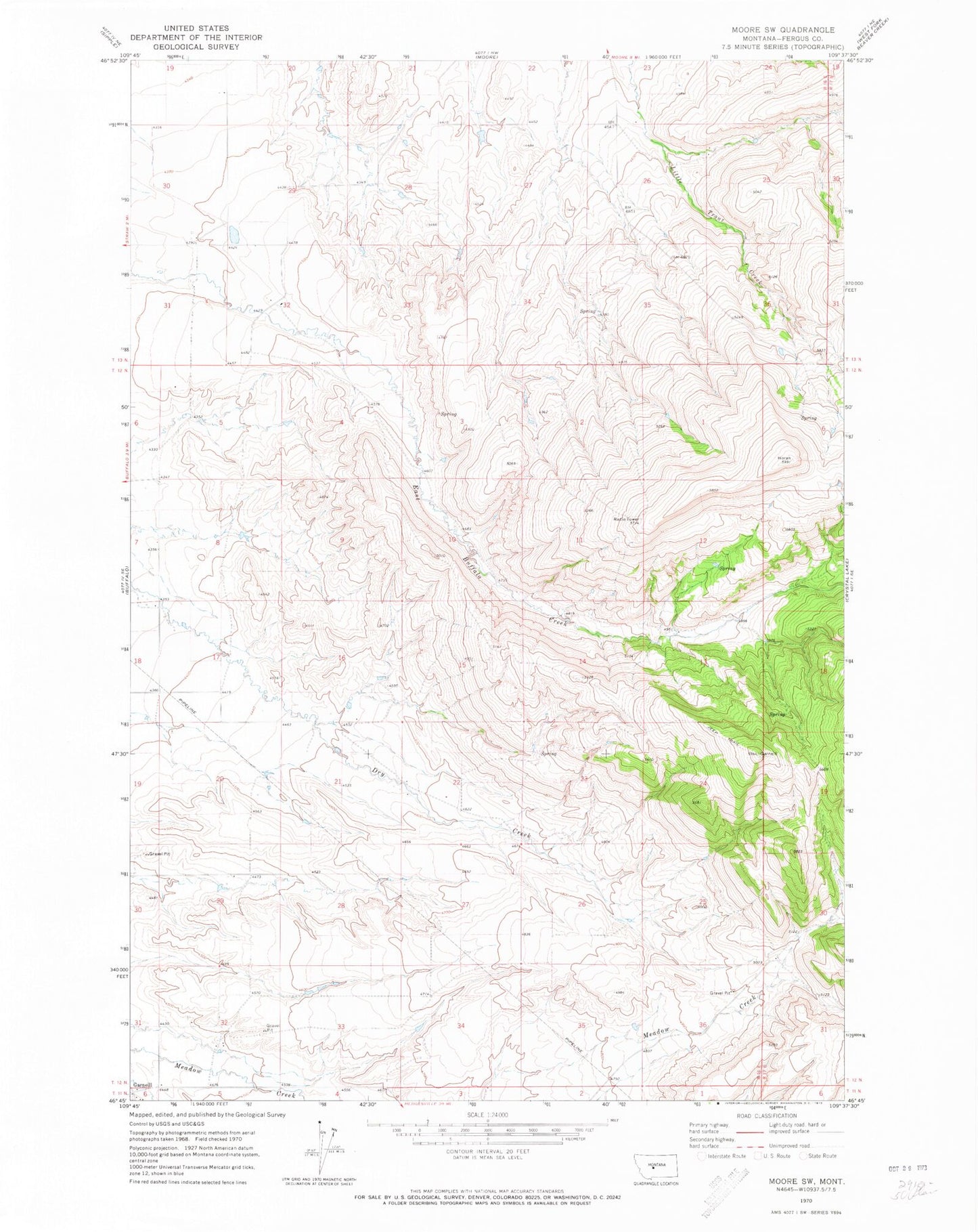 Classic USGS Moore SW Montana 7.5'x7.5' Topo Map Image