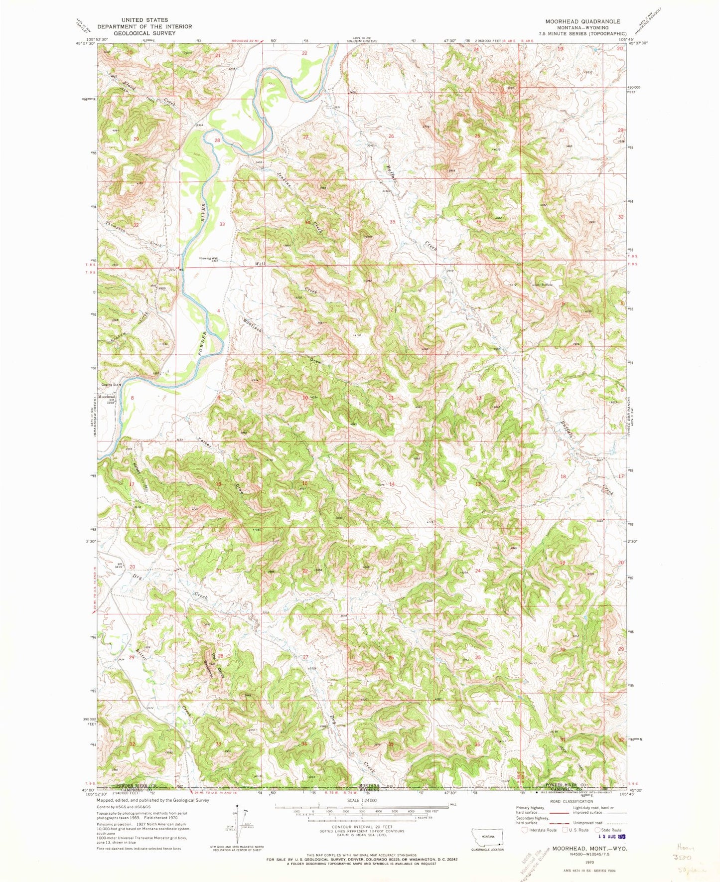 Classic USGS Moorhead Montana 7.5'x7.5' Topo Map Image