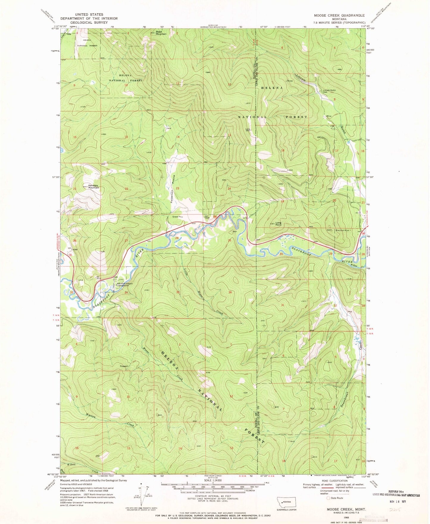 Classic USGS Moose Creek Montana 7.5'x7.5' Topo Map Image