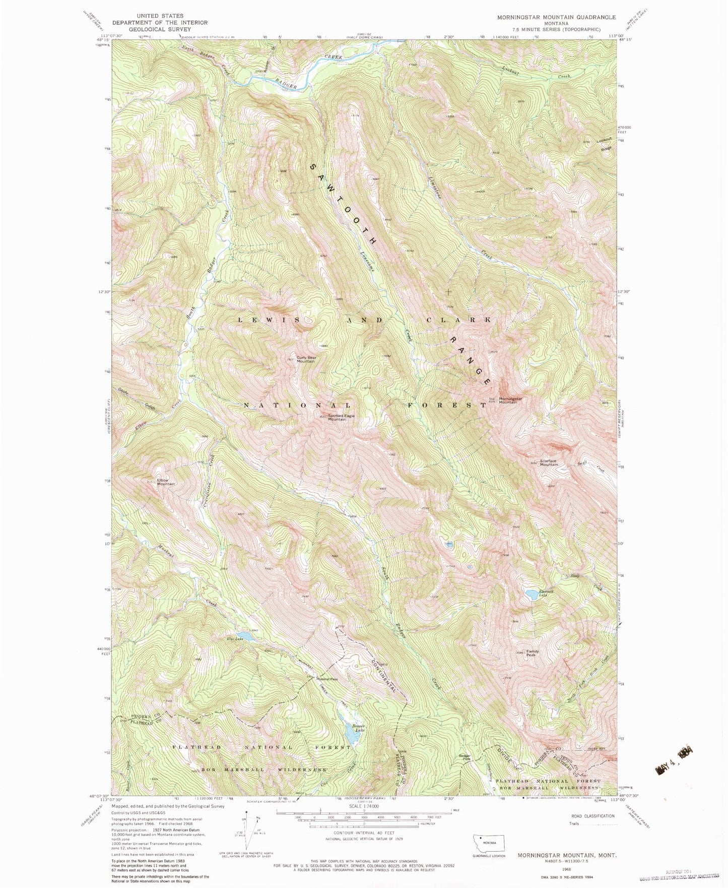 Classic USGS Morningstar Mountain Montana 7.5'x7.5' Topo Map Image