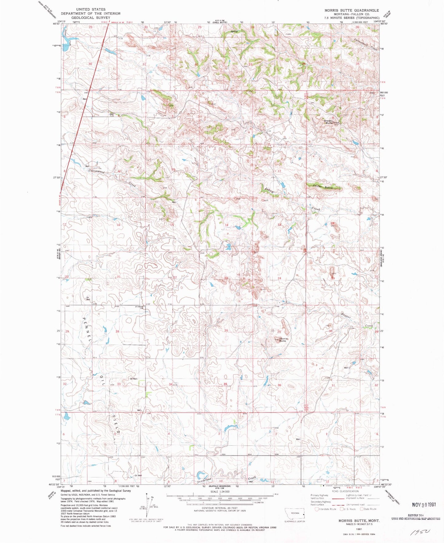 Classic USGS Morris Butte Montana 7.5'x7.5' Topo Map Image