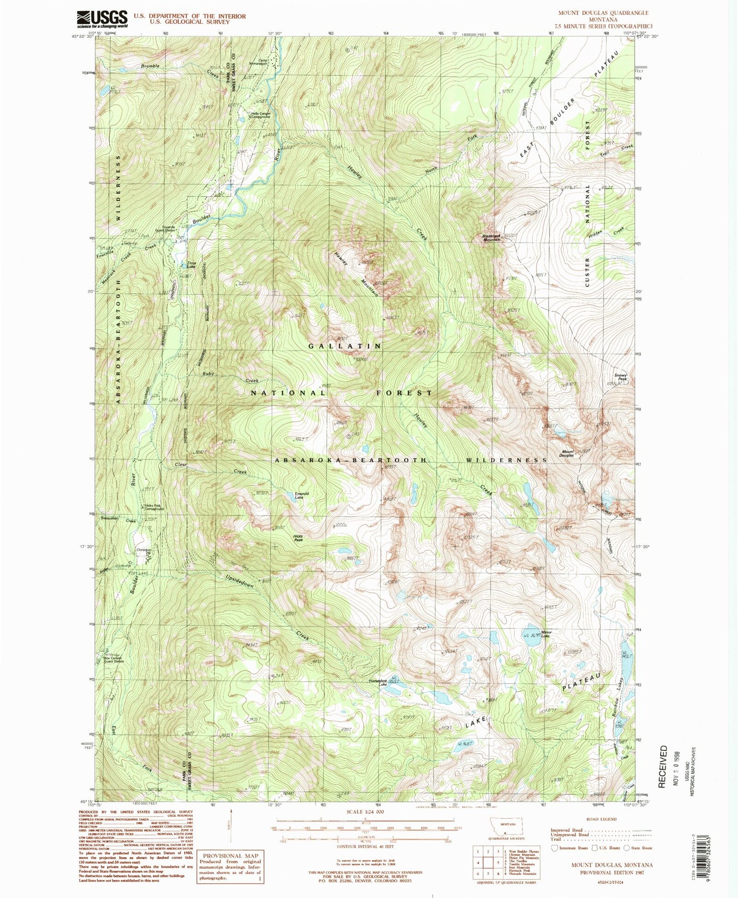 Classic USGS Mount Douglas Montana 7.5'x7.5' Topo Map Image