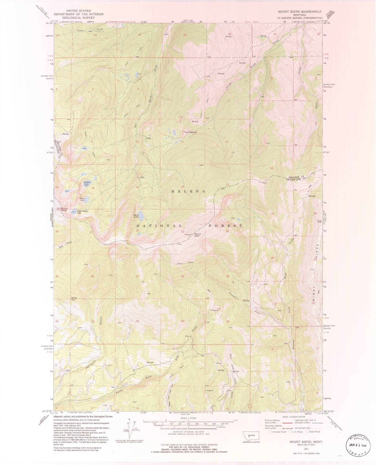 Classic USGS Mount Edith Montana 7.5'x7.5' Topo Map Image