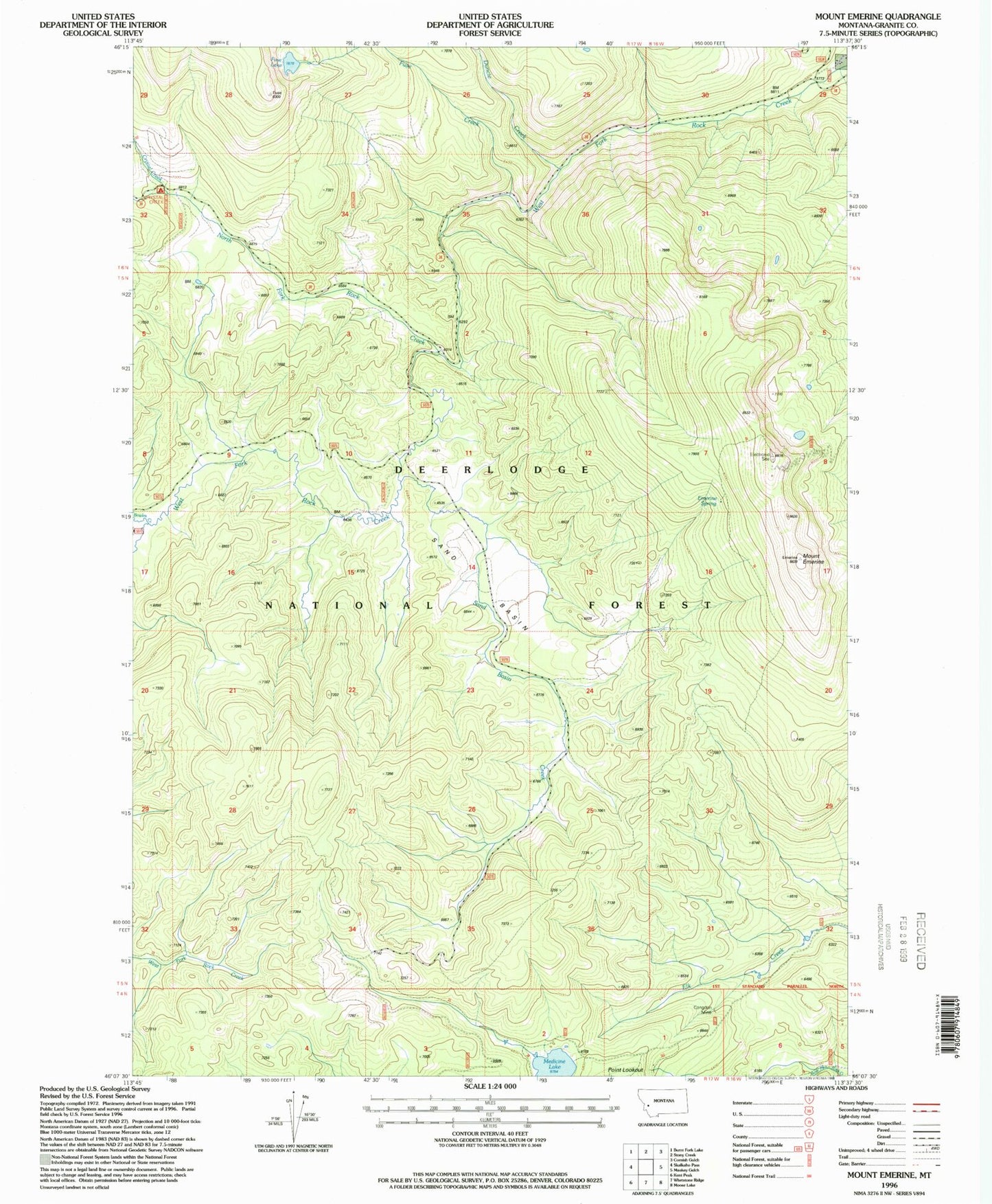 Classic USGS Mount Emerine Montana 7.5'x7.5' Topo Map Image