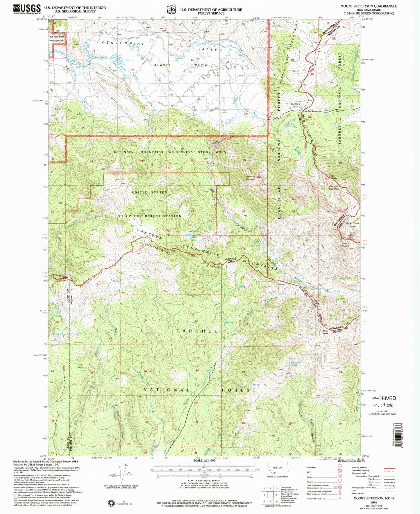 Classic USGS Mount Jefferson Montana 7.5'x7.5' Topo Map Image