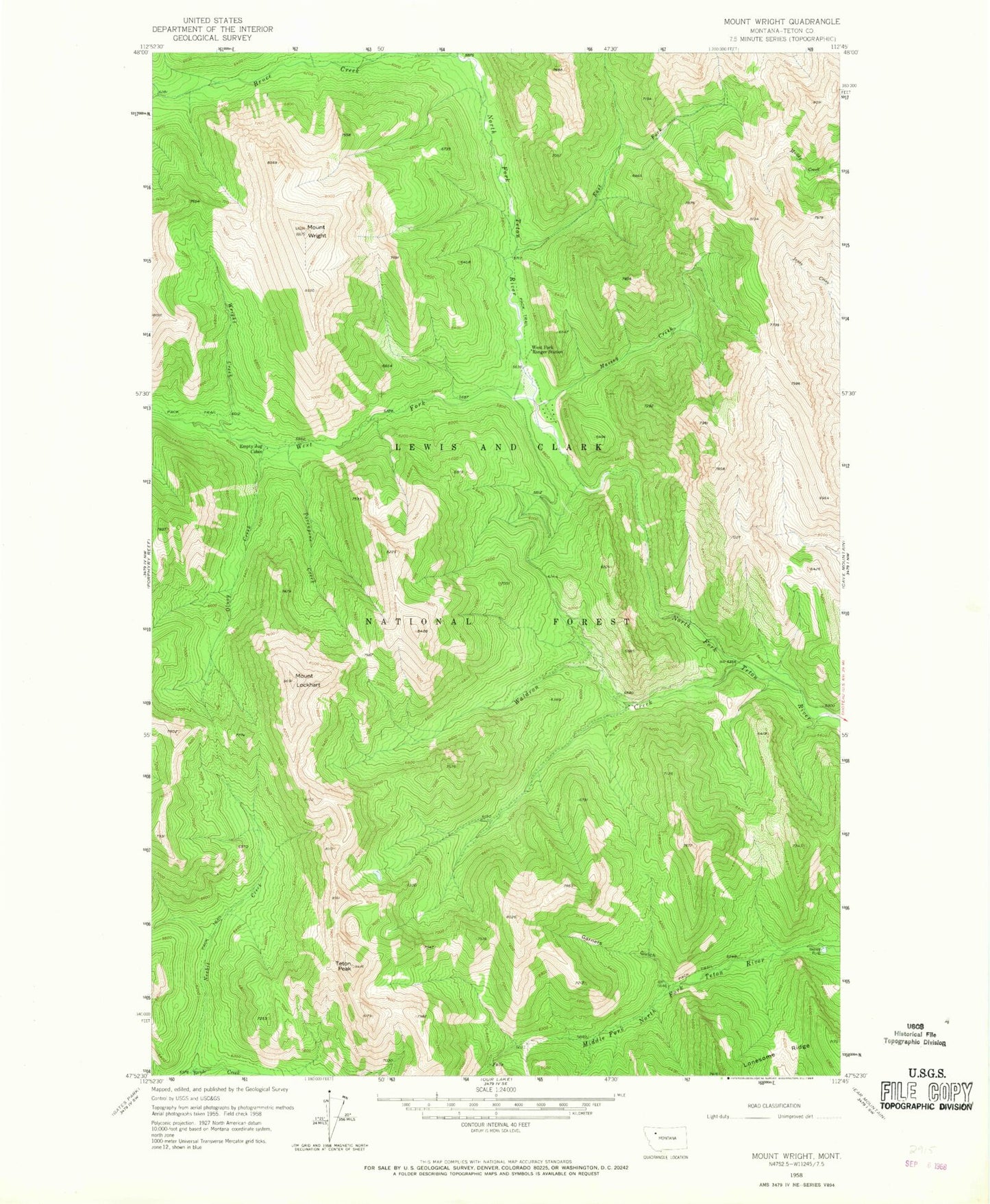 Classic USGS Mount Wright Montana 7.5'x7.5' Topo Map Image