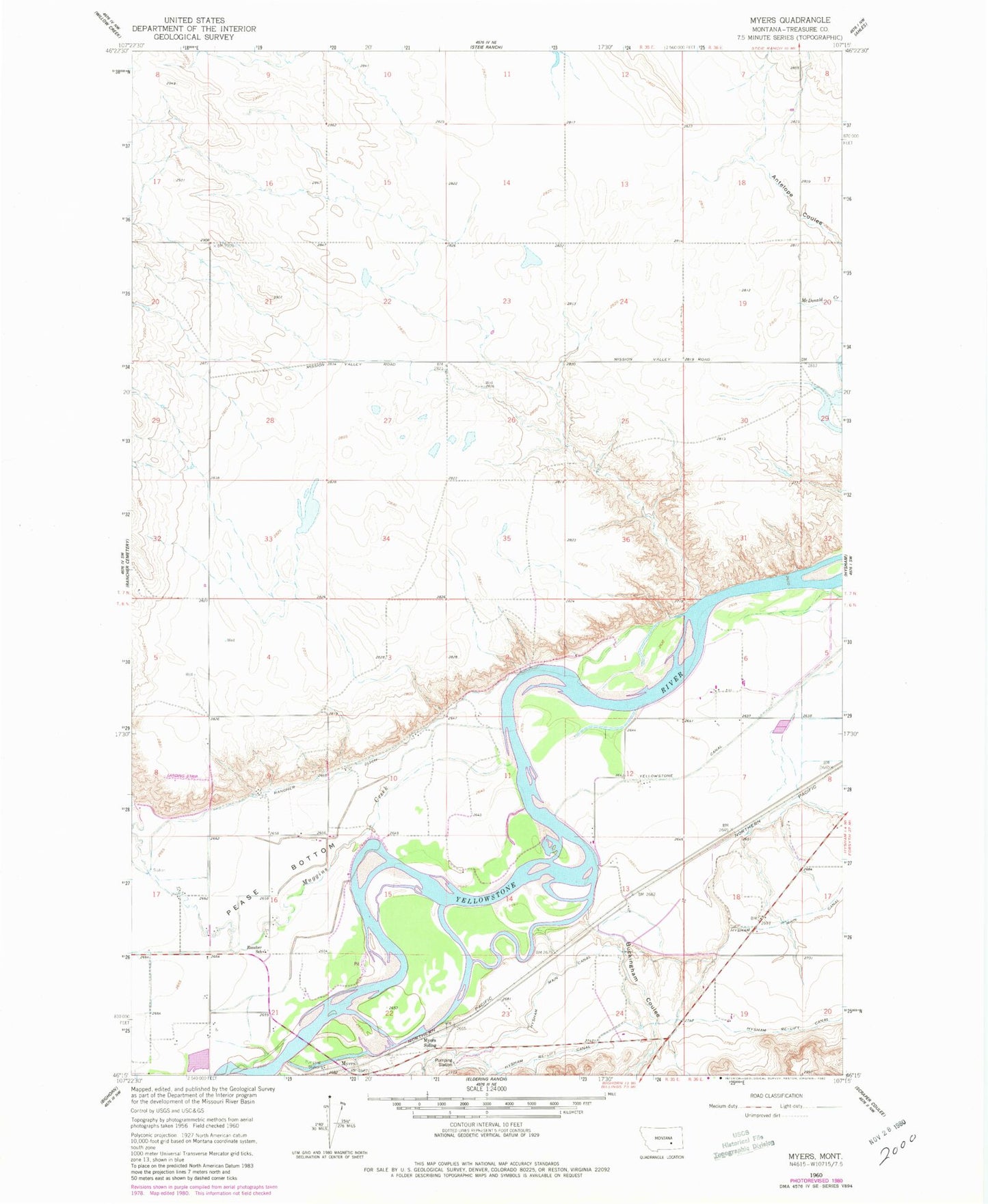 Classic USGS Myers Montana 7.5'x7.5' Topo Map Image