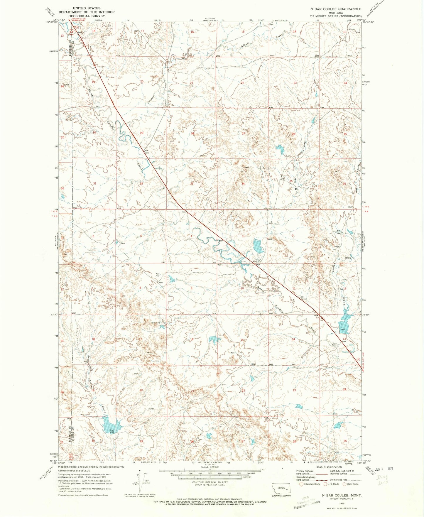 Classic USGS N Bar Coulee Montana 7.5'x7.5' Topo Map Image
