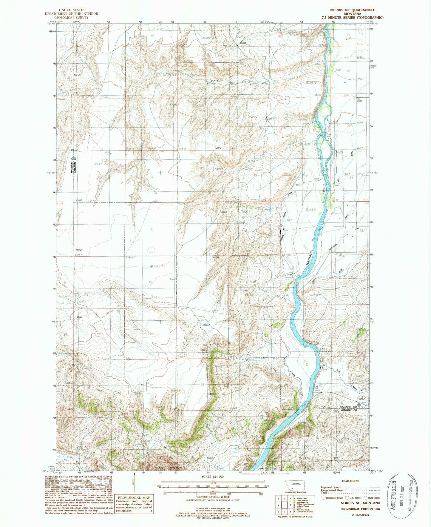 Classic USGS Norris NE Montana 7.5'x7.5' Topo Map Image
