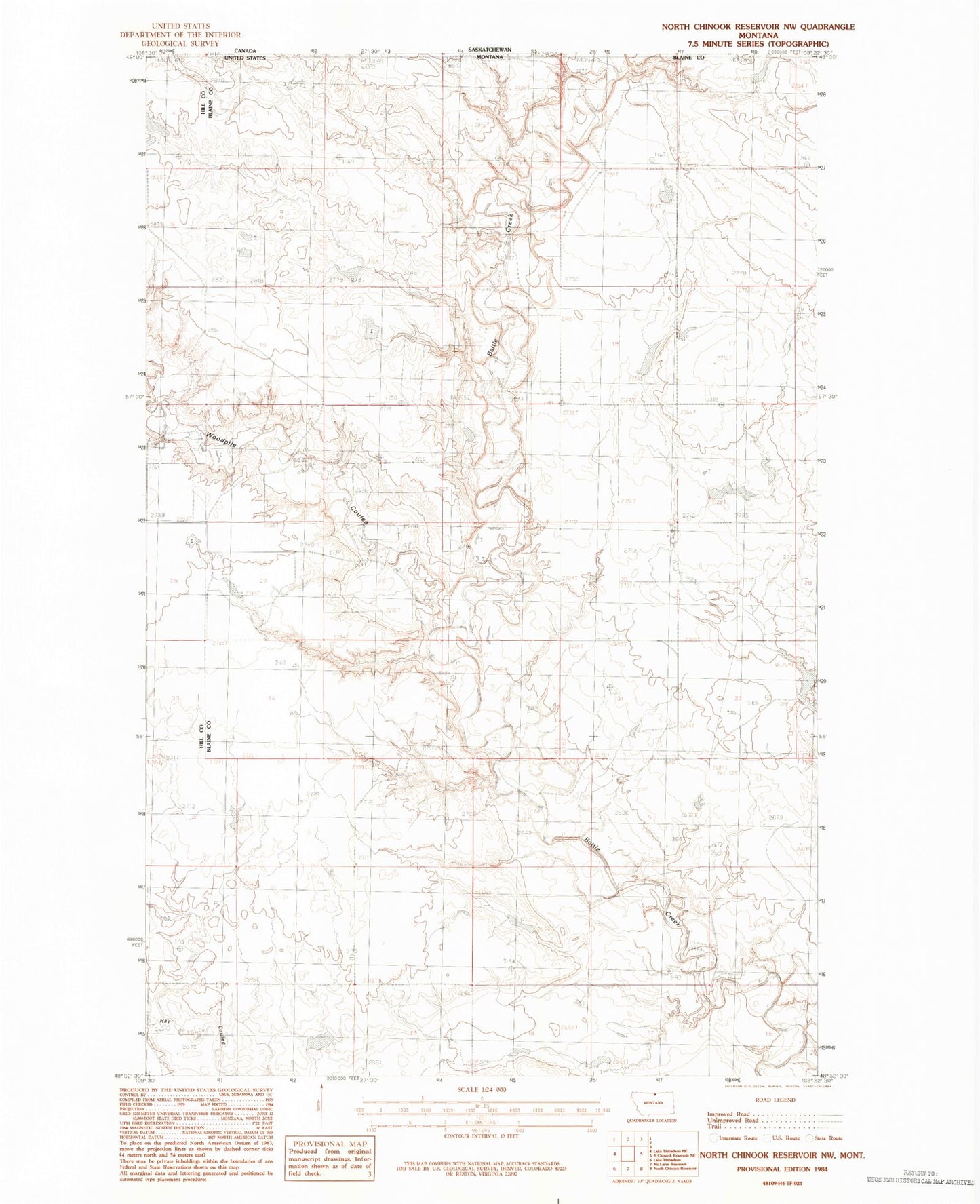 Classic USGS North Chinook Reservoir NW Montana 7.5'x7.5' Topo Map Image