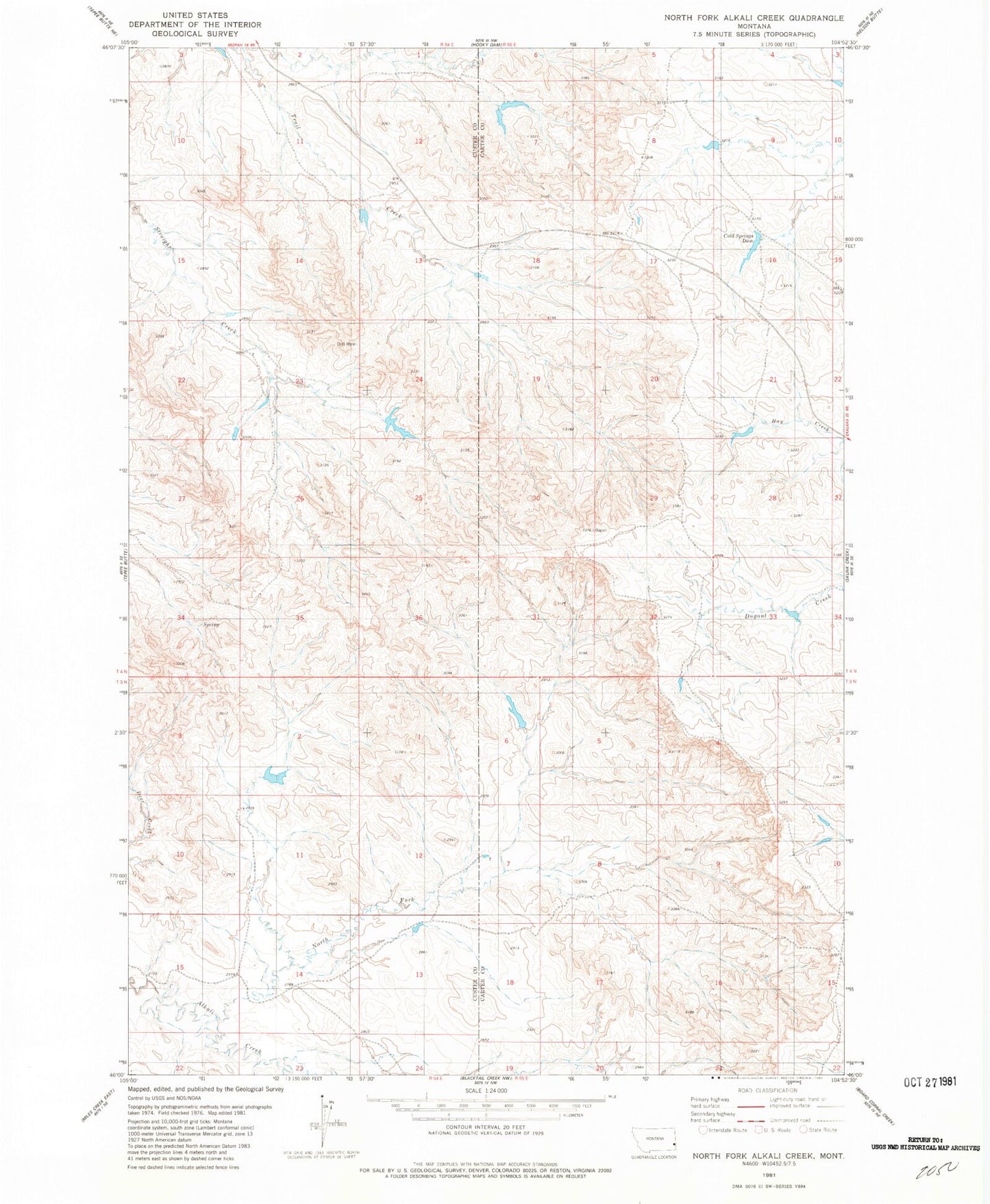 Classic USGS North Fork Alkali Creek Montana 7.5'x7.5' Topo Map Image
