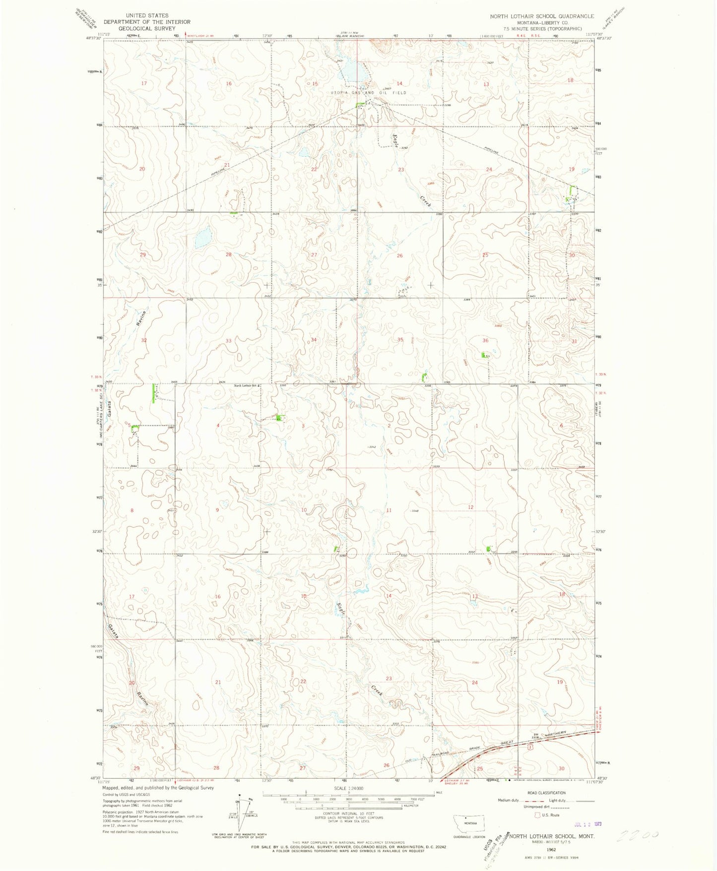 Classic USGS North Lothair School Montana 7.5'x7.5' Topo Map Image