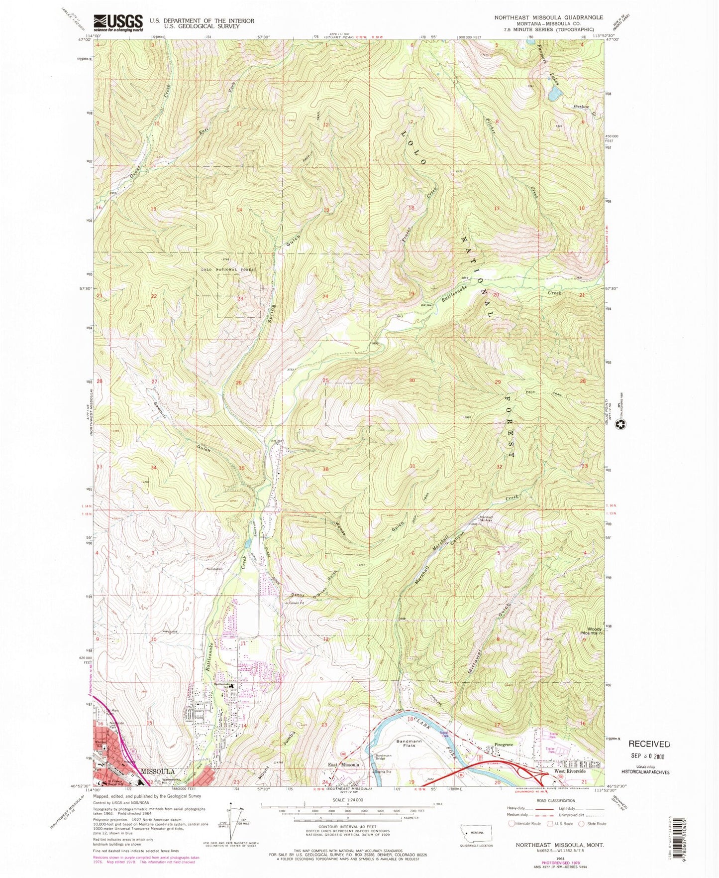 Classic USGS Northeast Missoula Montana 7.5'x7.5' Topo Map Image