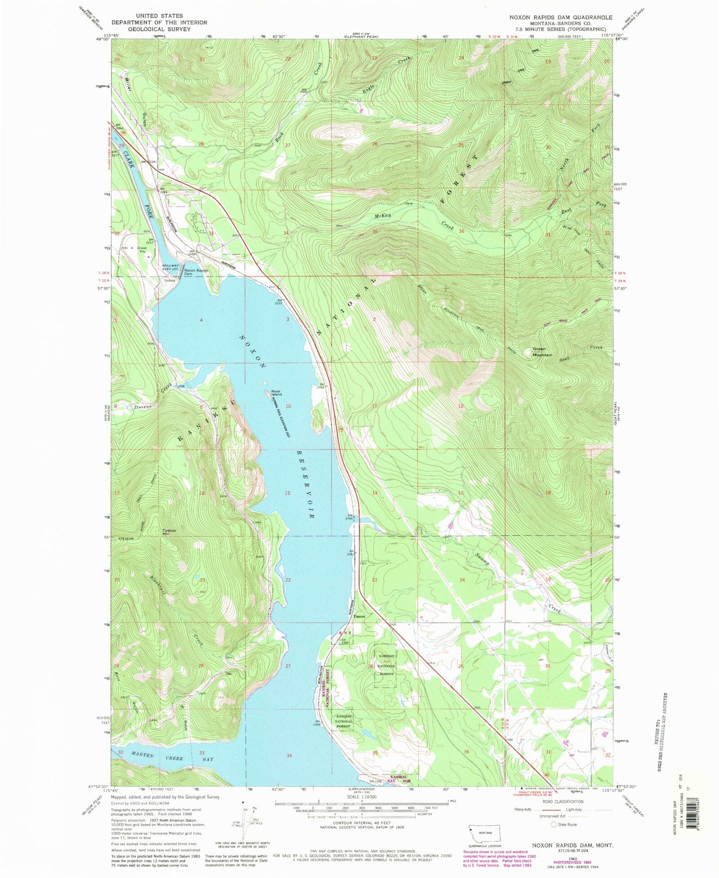 Classic USGS Noxon Rapids Dam Montana 7.5'x7.5' Topo Map Image