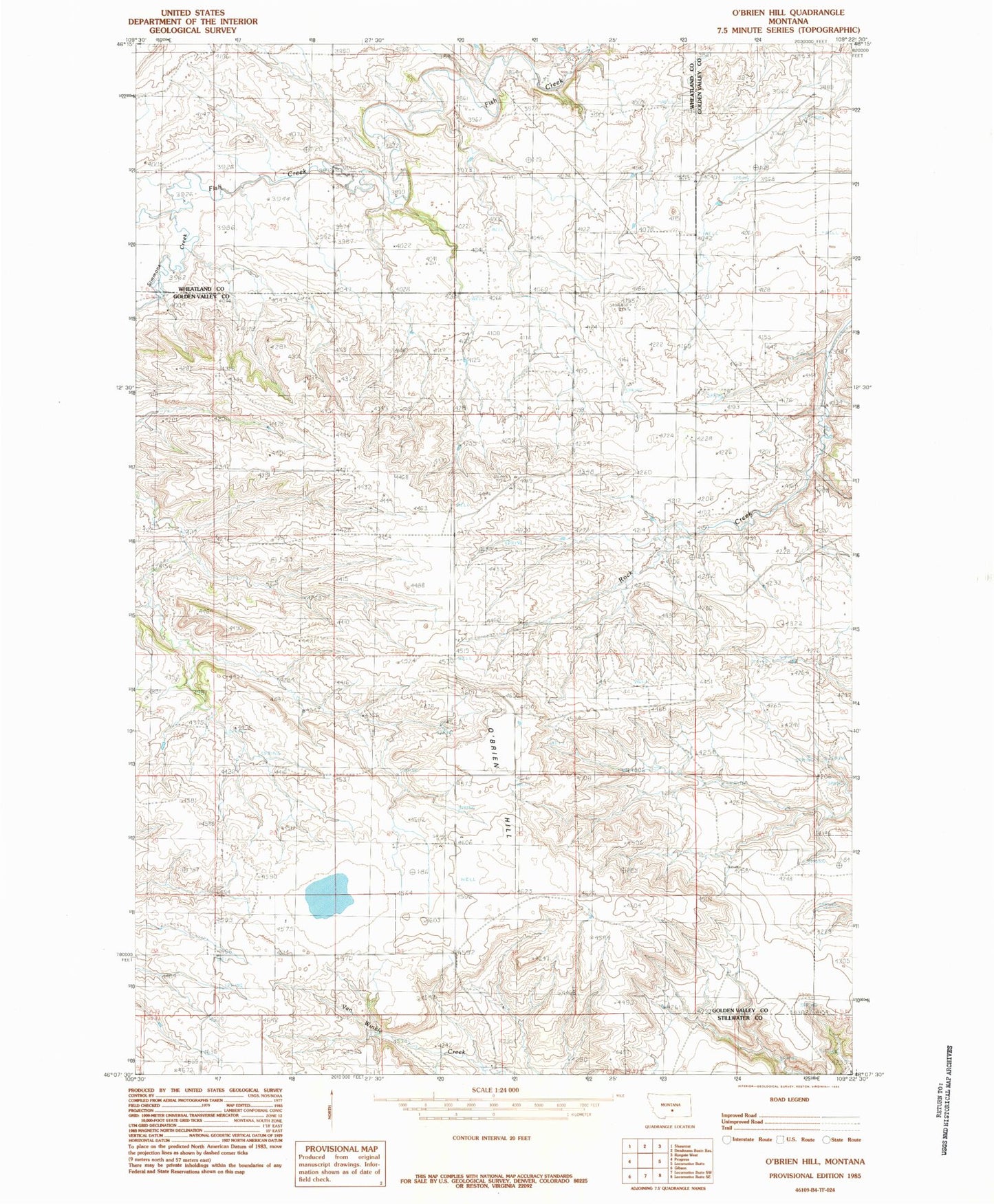 Classic USGS O'Brien Hill Montana 7.5'x7.5' Topo Map Image