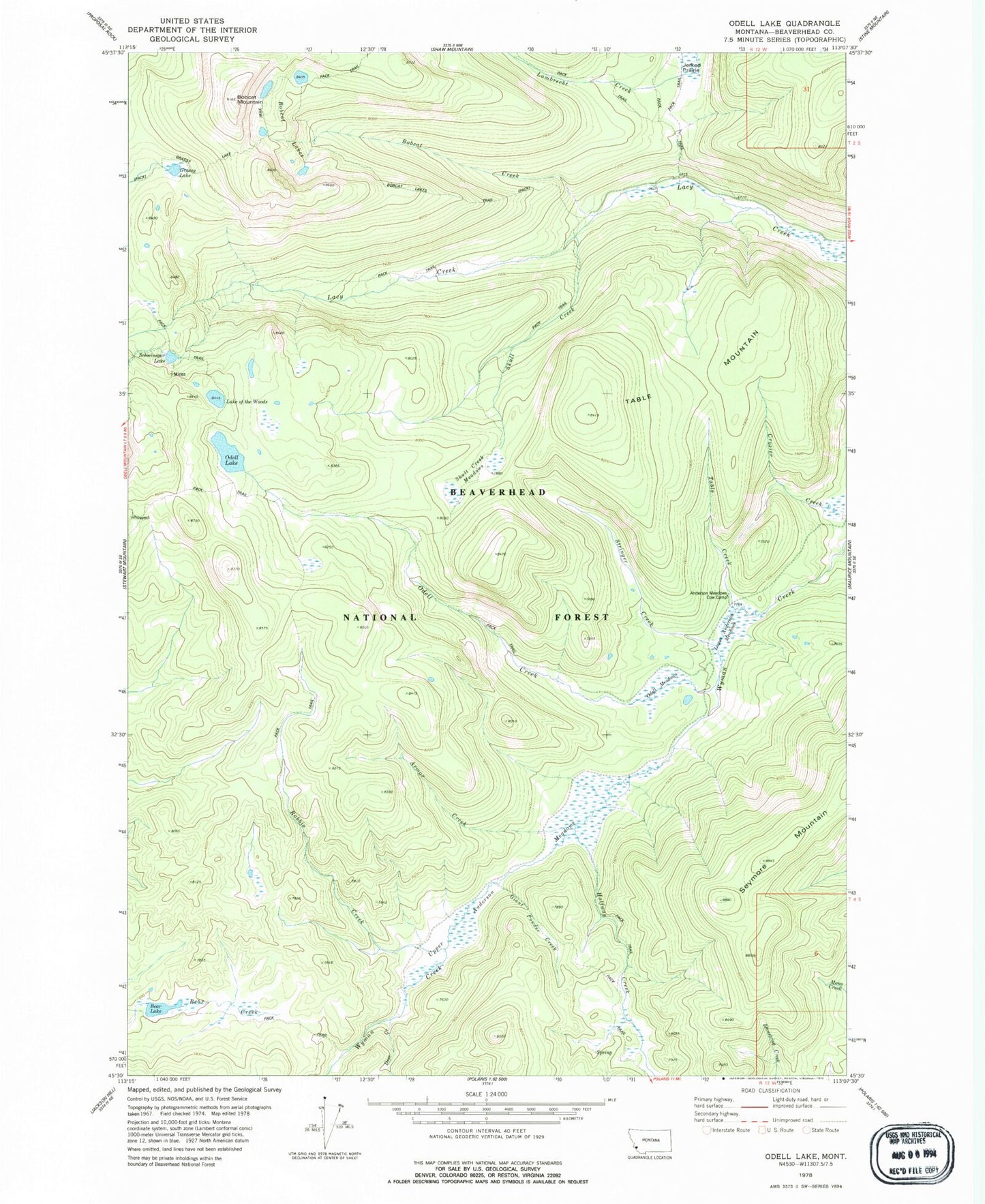 Classic USGS Odell Lake Montana 7.5'x7.5' Topo Map Image