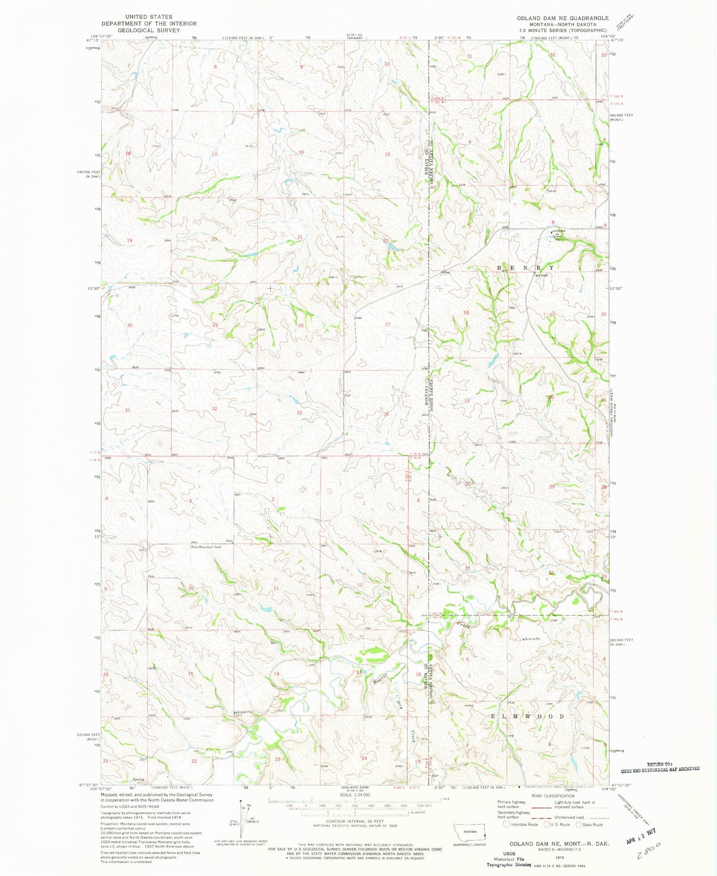 Classic USGS Odland Dam NE Montana 7.5'x7.5' Topo Map Image