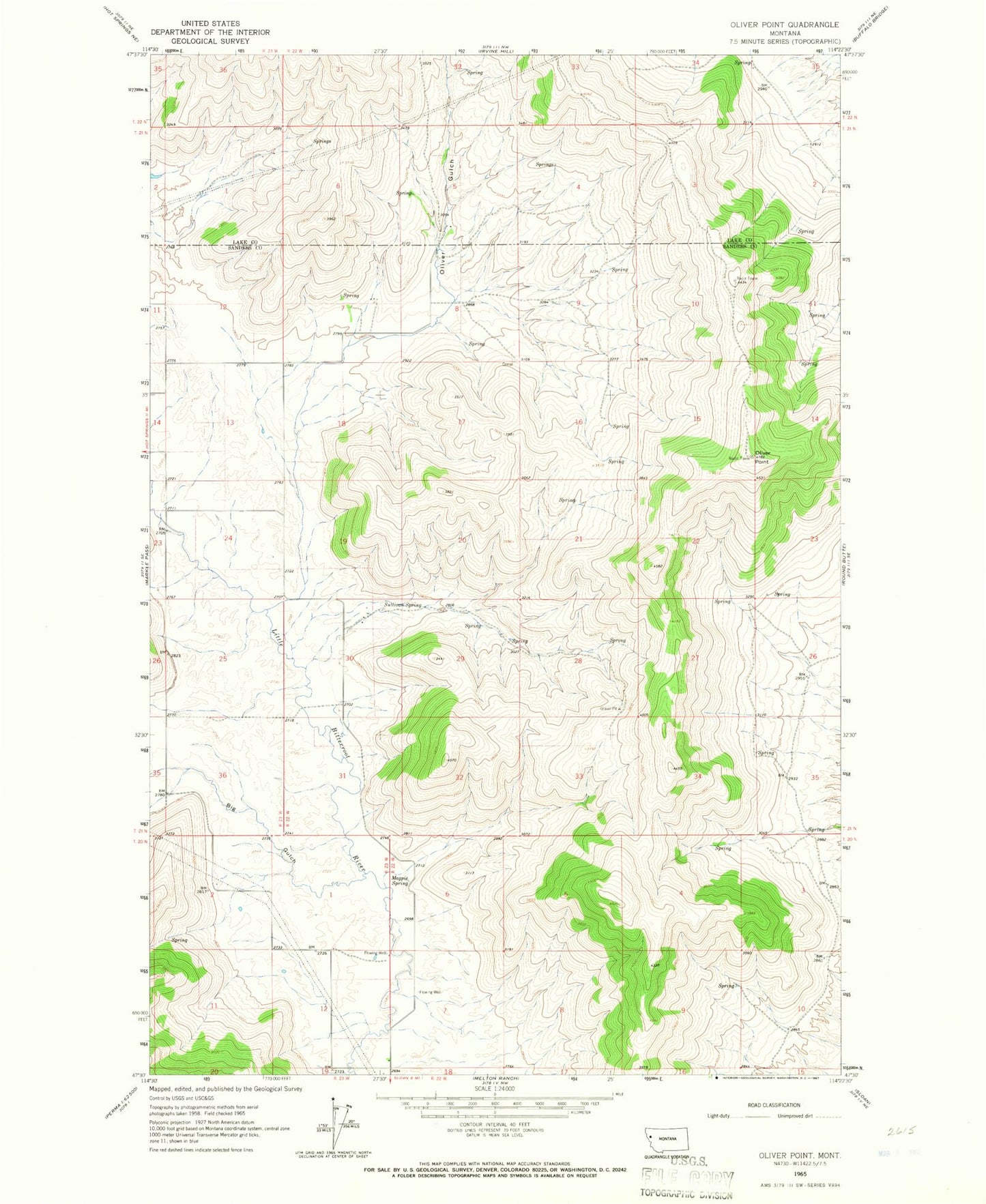 Classic USGS Oliver Point Montana 7.5'x7.5' Topo Map Image