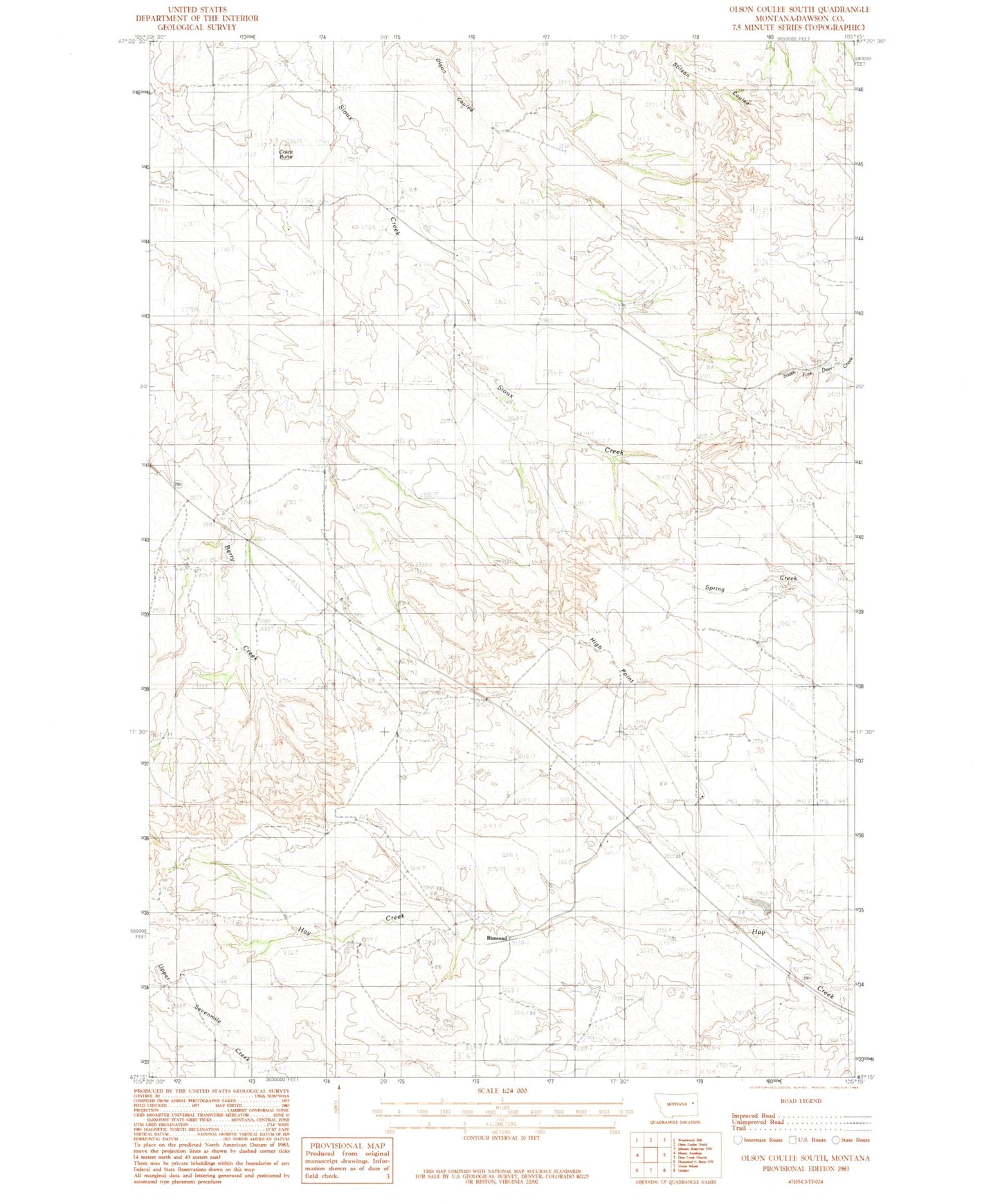 Classic USGS Olson Coulee South Montana 7.5'x7.5' Topo Map Image