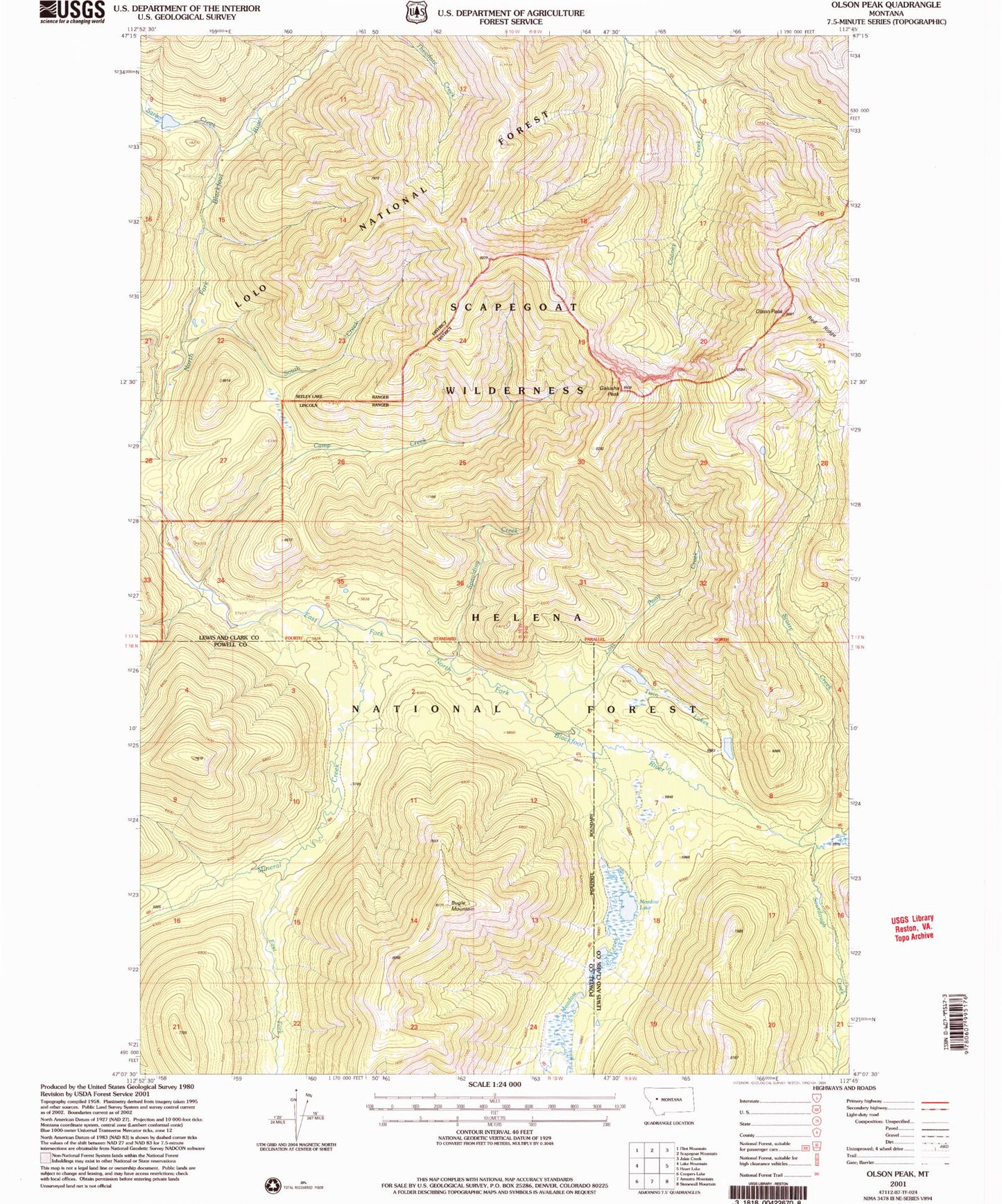 Classic USGS Olson Peak Montana 7.5'x7.5' Topo Map Image