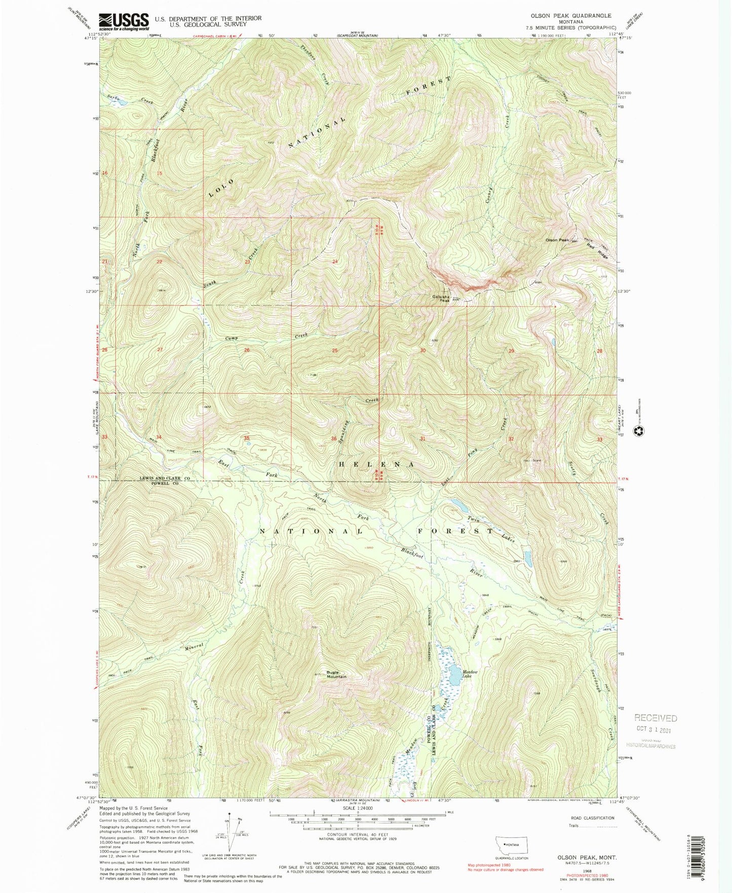 Classic USGS Olson Peak Montana 7.5'x7.5' Topo Map Image
