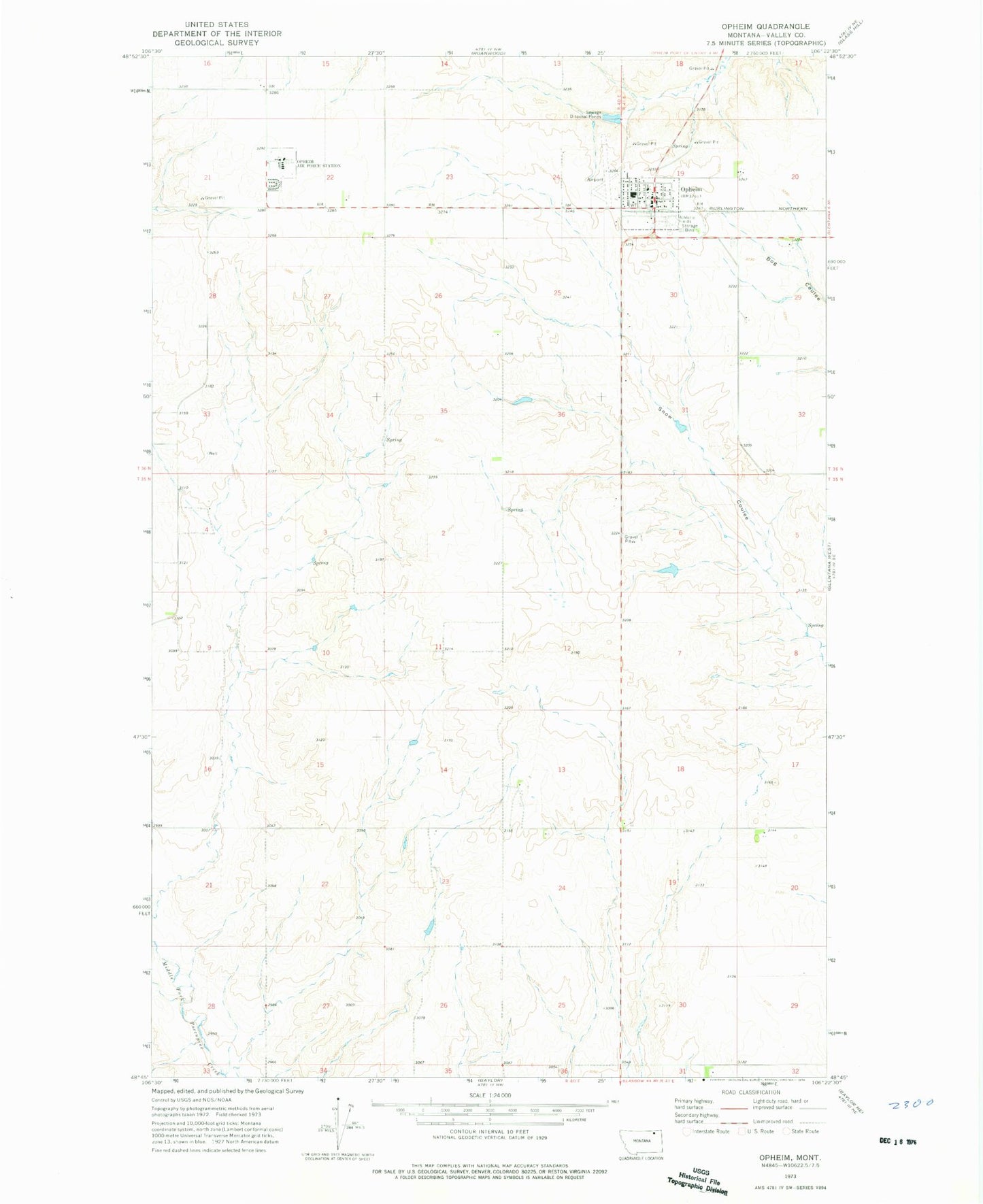 Classic USGS Opheim Montana 7.5'x7.5' Topo Map Image