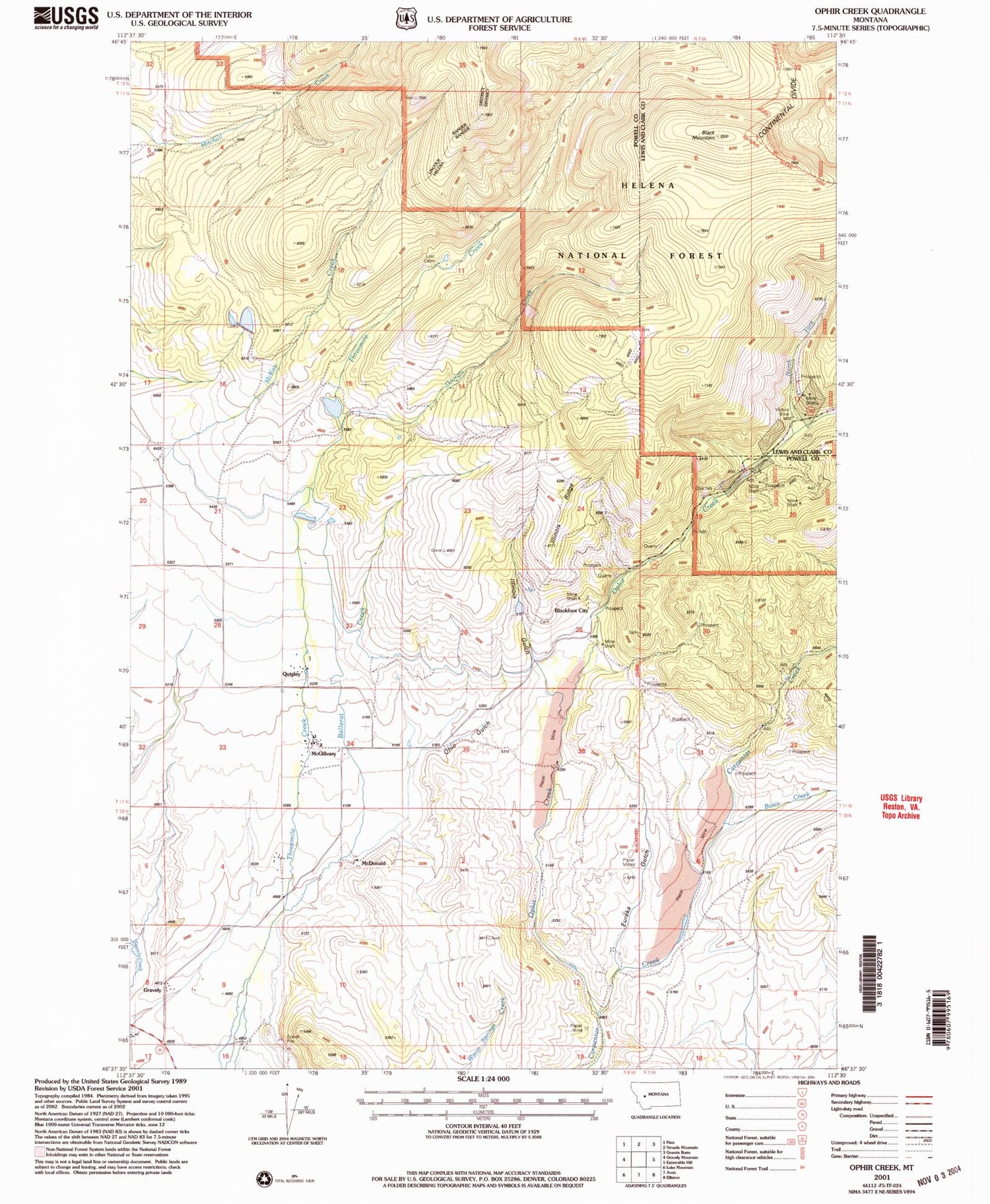 Classic USGS Ophir Creek Montana 7.5'x7.5' Topo Map Image