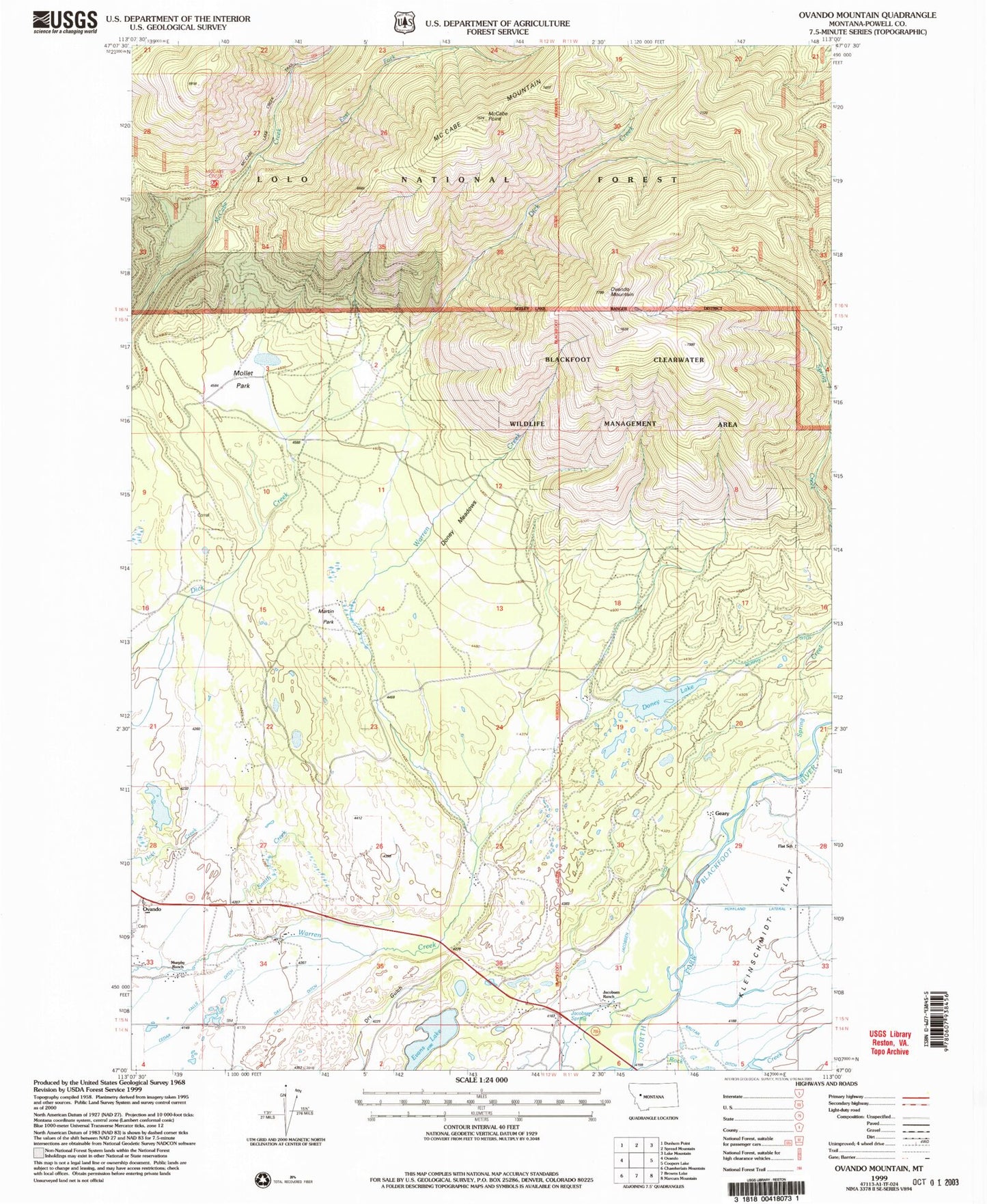 Classic USGS Ovando Mountain Montana 7.5'x7.5' Topo Map Image