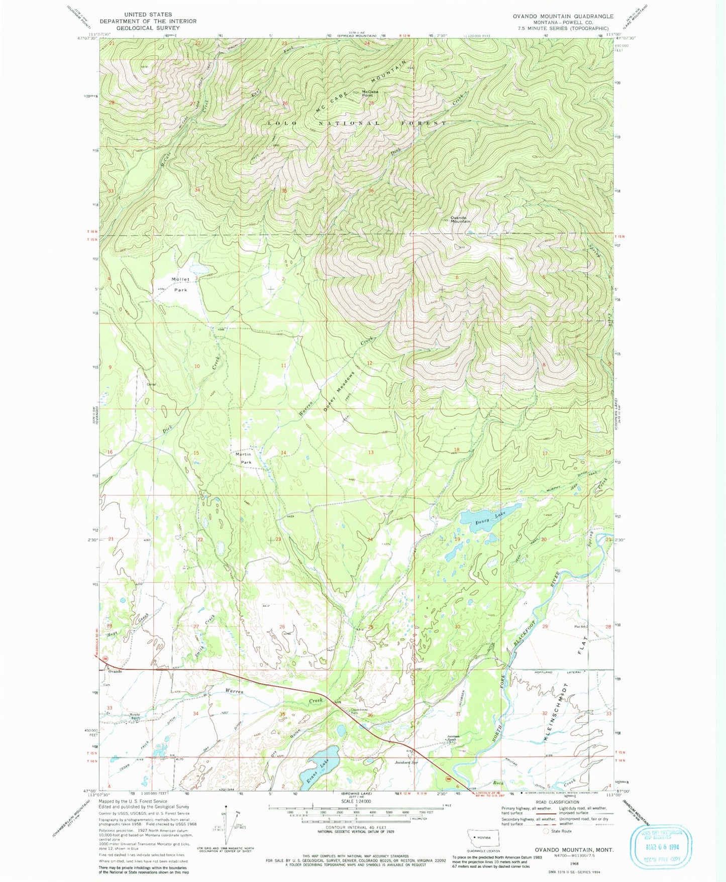 Classic USGS Ovando Mountain Montana 7.5'x7.5' Topo Map Image