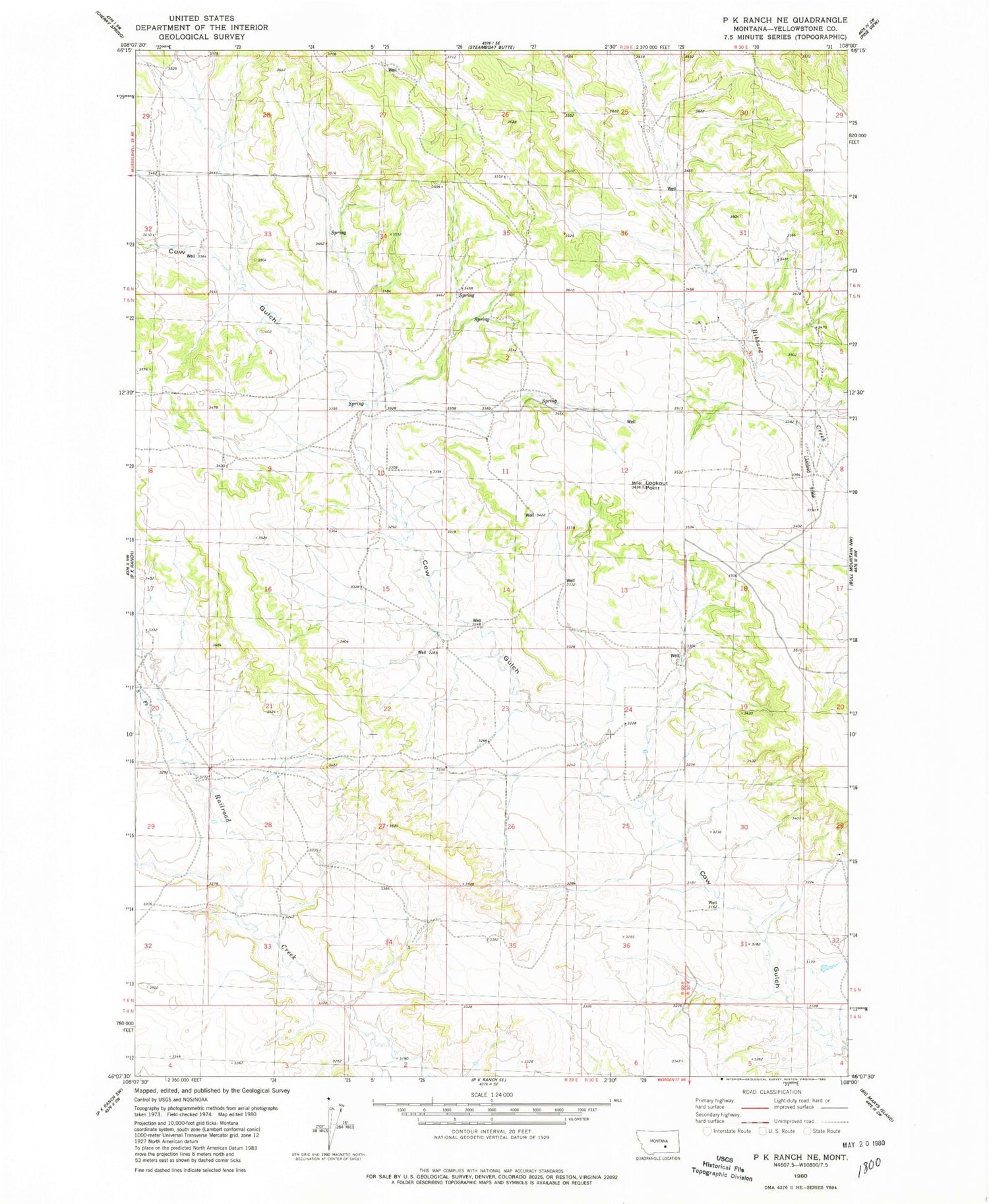 Classic USGS P K Ranch NE Montana 7.5'x7.5' Topo Map Image