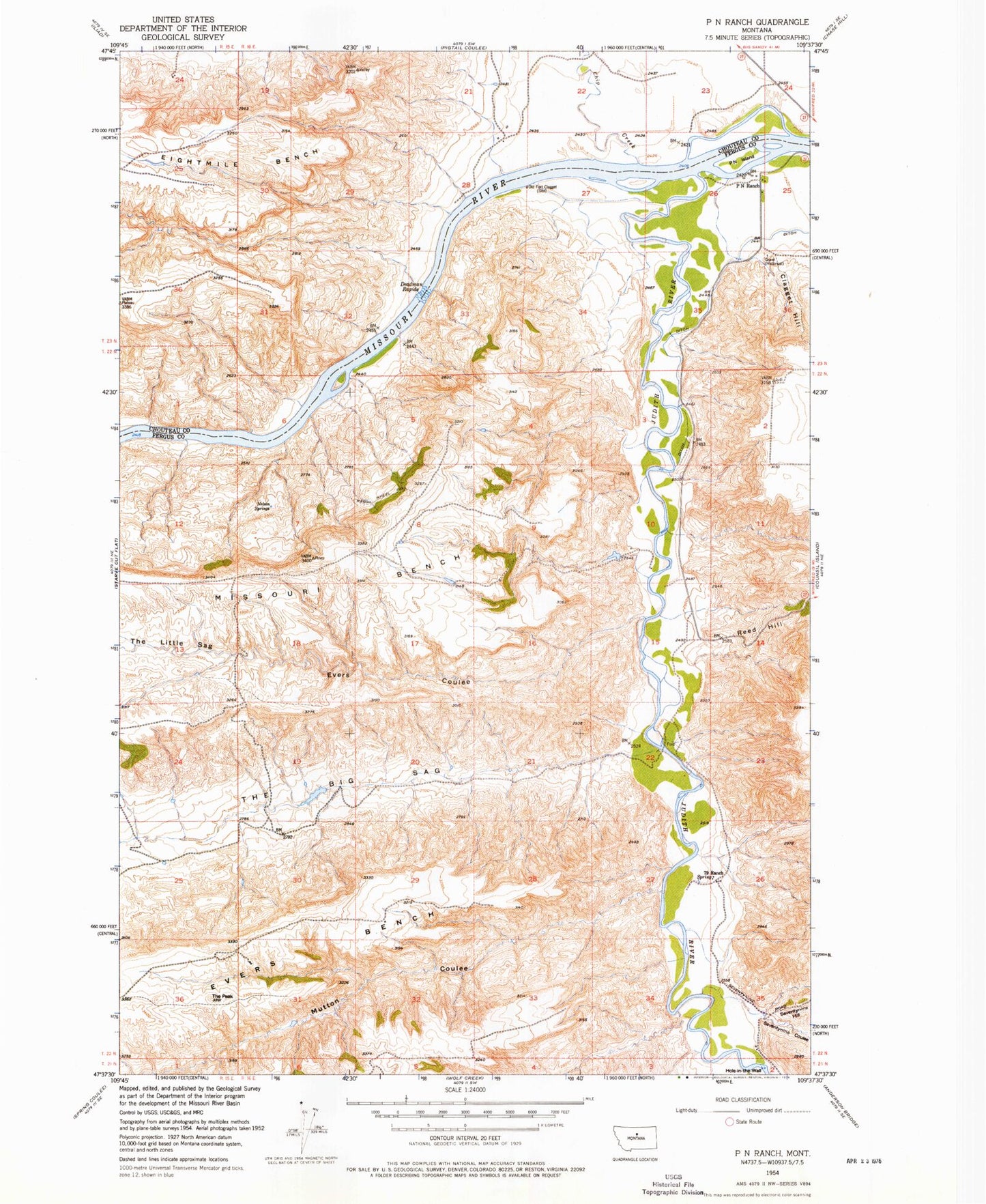 Classic USGS P N Ranch Montana 7.5'x7.5' Topo Map Image