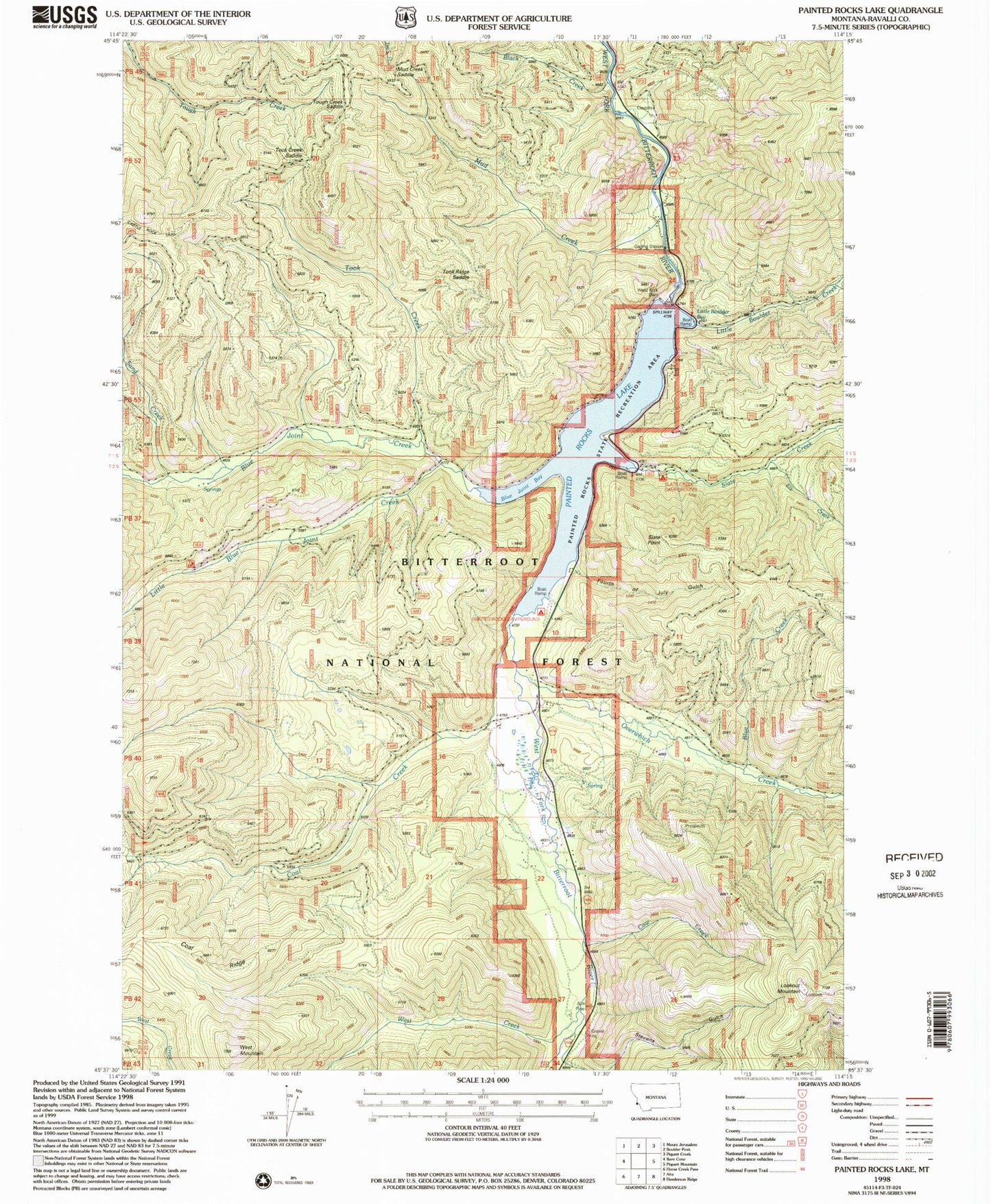 Classic USGS Painted Rocks Lake Montana 7.5'x7.5' Topo Map Image