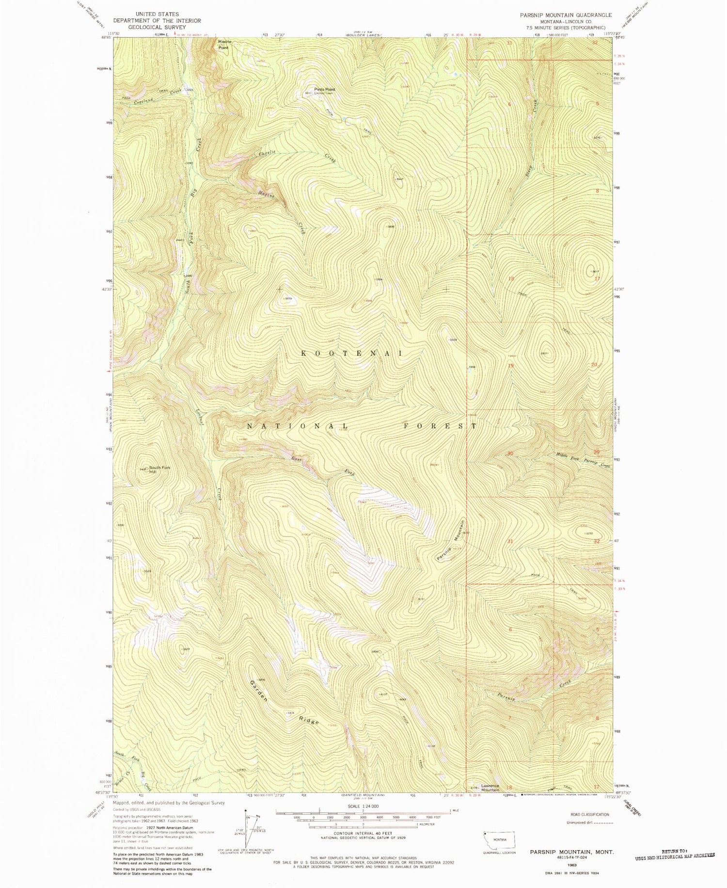 Classic USGS Parsnip Mountain Montana 7.5'x7.5' Topo Map Image