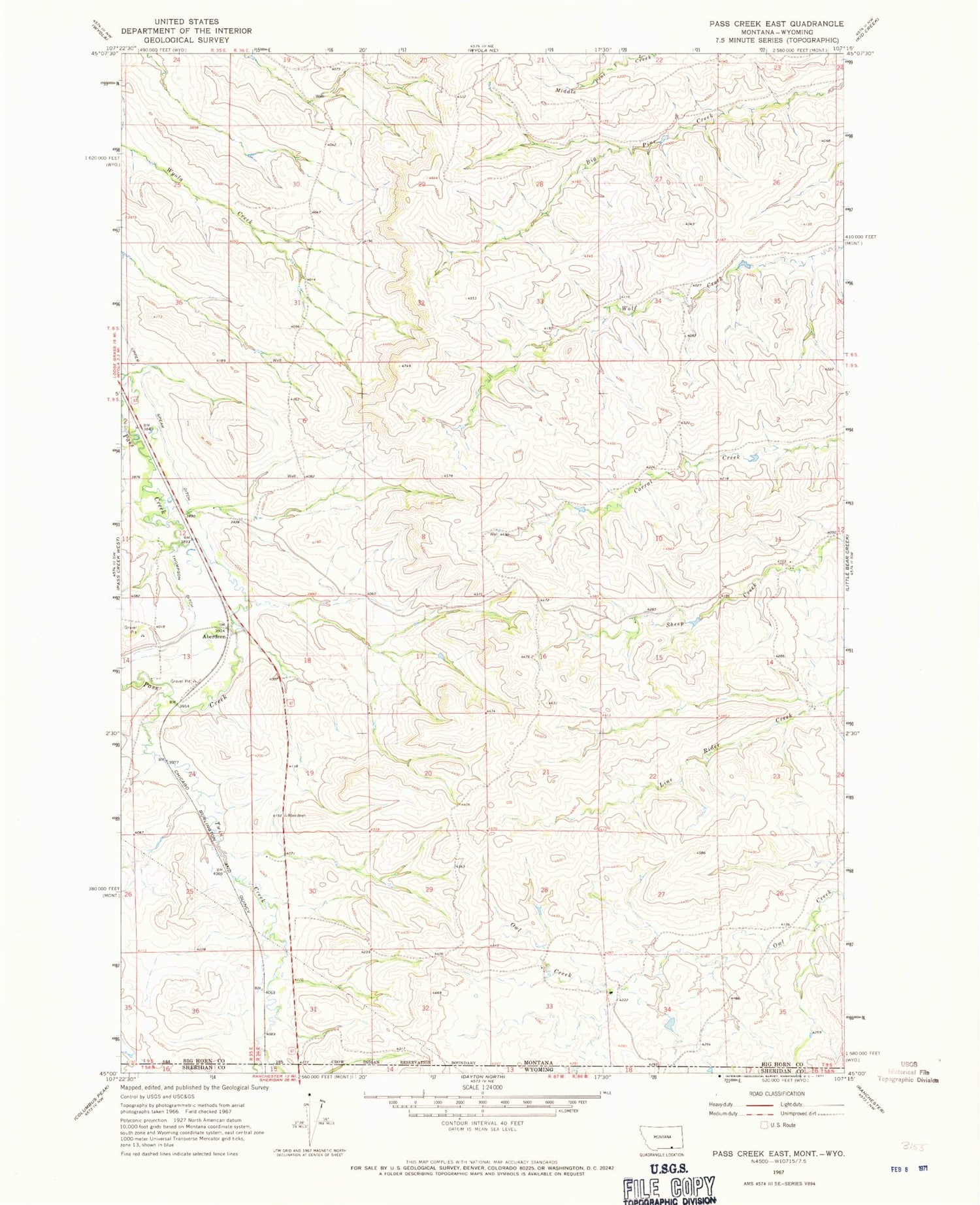 Classic USGS Pass Creek East Montana 7.5'x7.5' Topo Map Image
