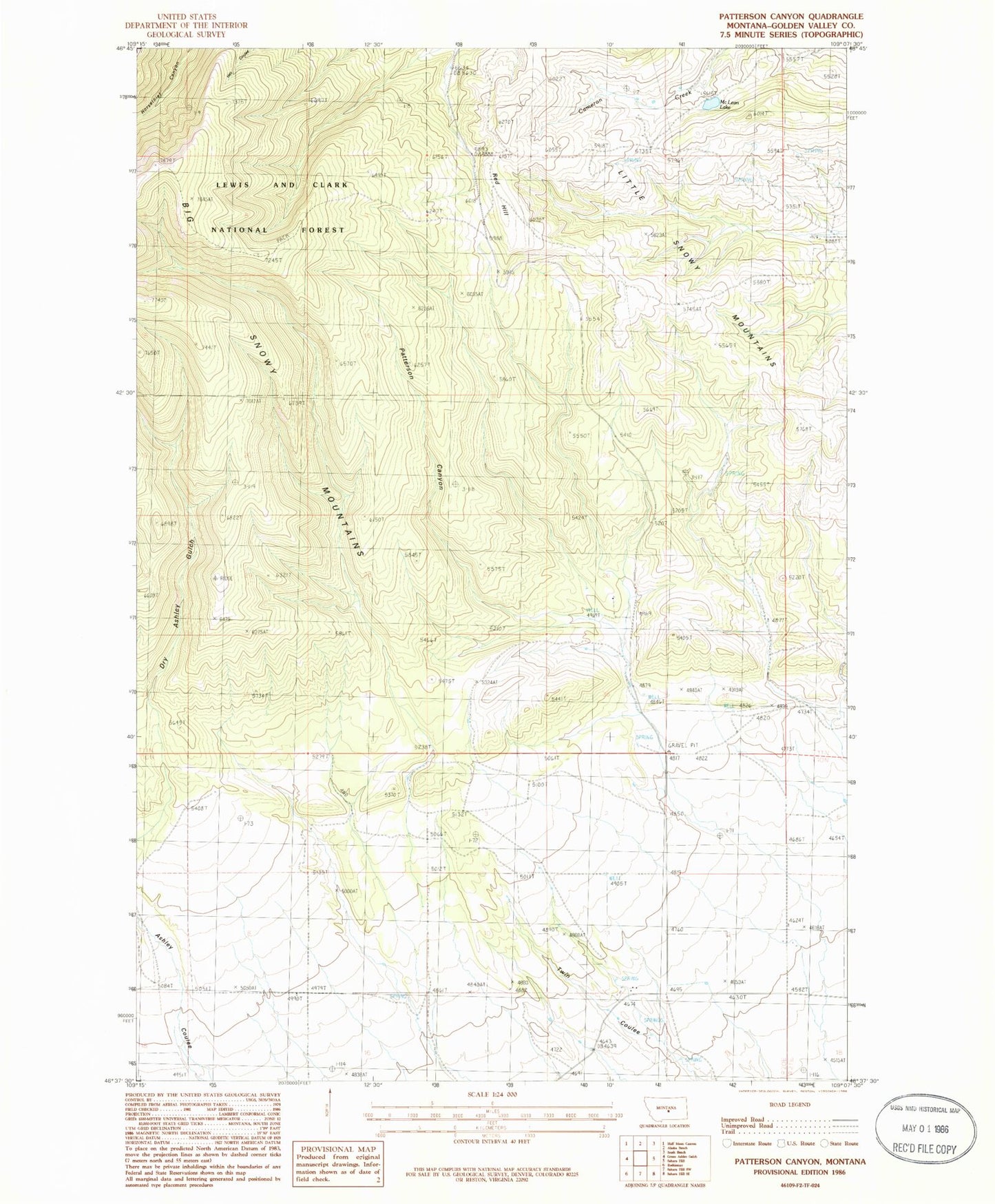 Classic USGS Patterson Canyon Montana 7.5'x7.5' Topo Map Image