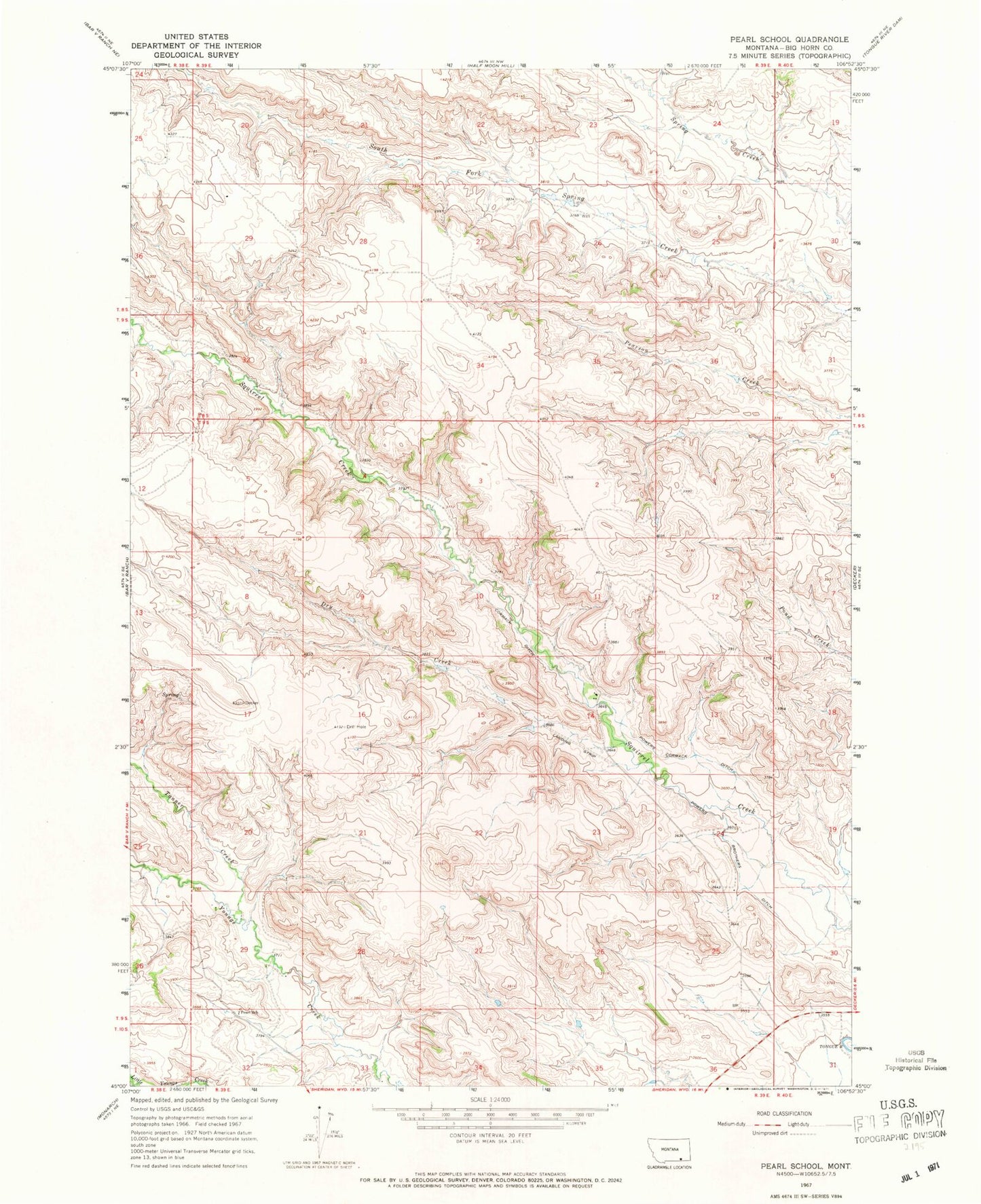 Classic USGS Pearl School Montana 7.5'x7.5' Topo Map Image