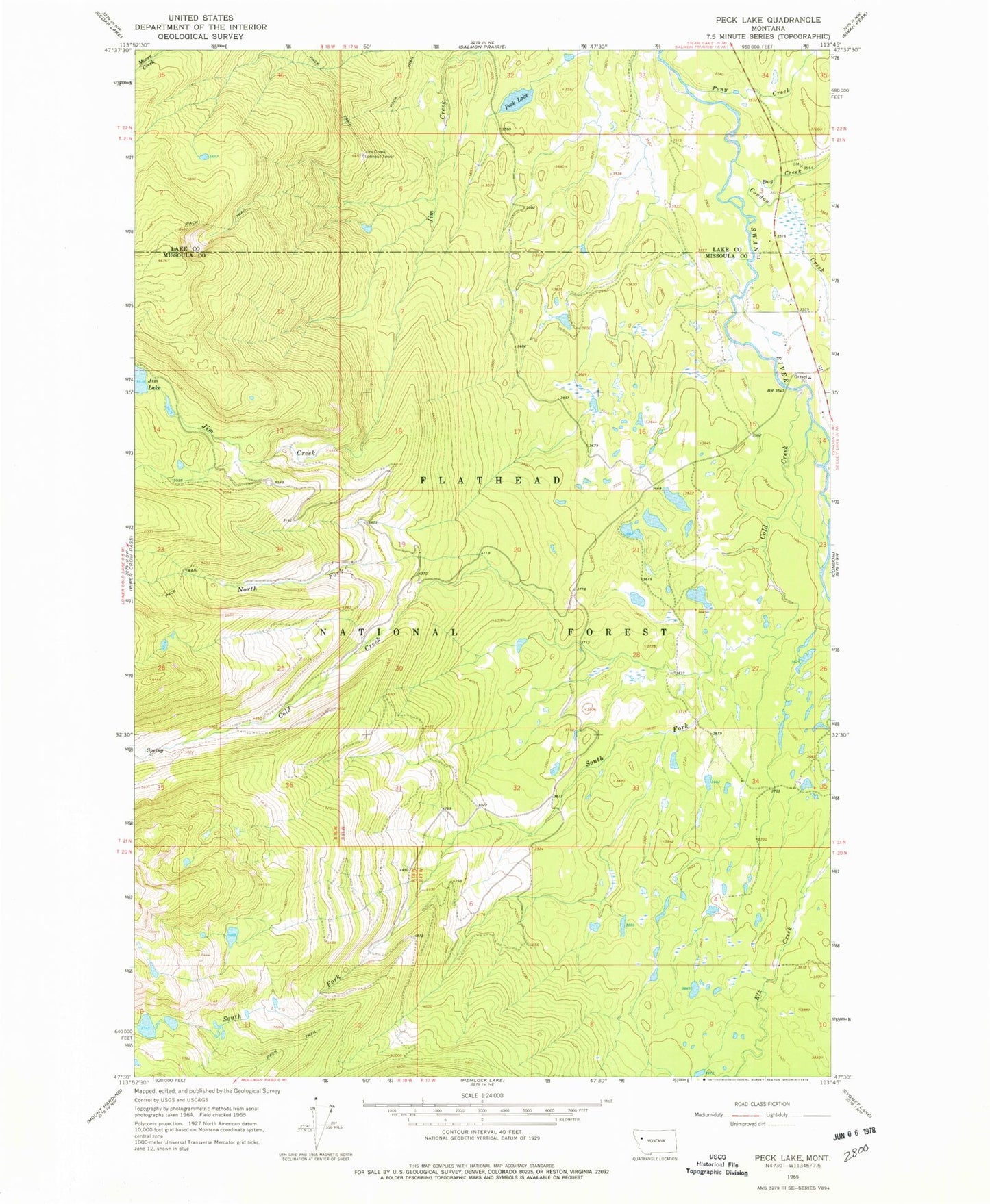 Classic USGS Peck Lake Montana 7.5'x7.5' Topo Map Image