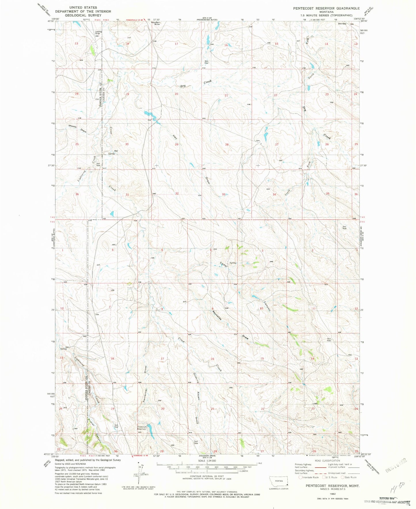 Classic USGS Pentecost Reservoir Montana 7.5'x7.5' Topo Map Image