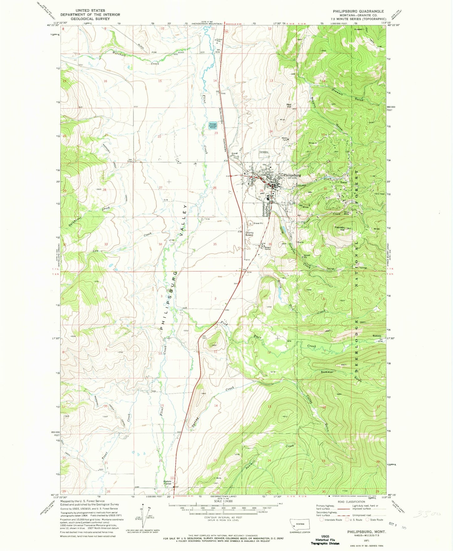 Classic USGS Philipsburg Montana 7.5'x7.5' Topo Map Image