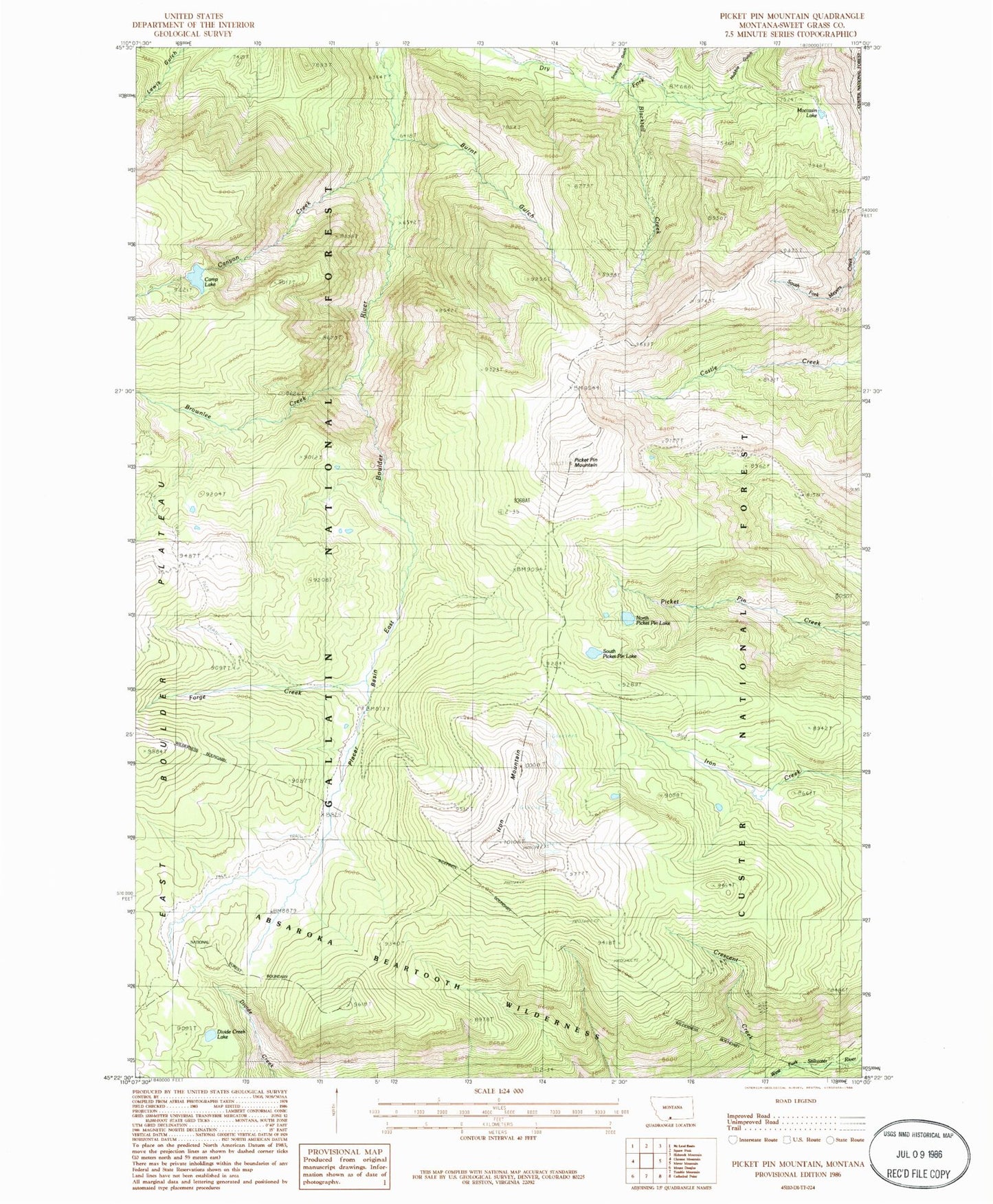 Classic USGS Picket Pin Mountain Montana 7.5'x7.5' Topo Map Image