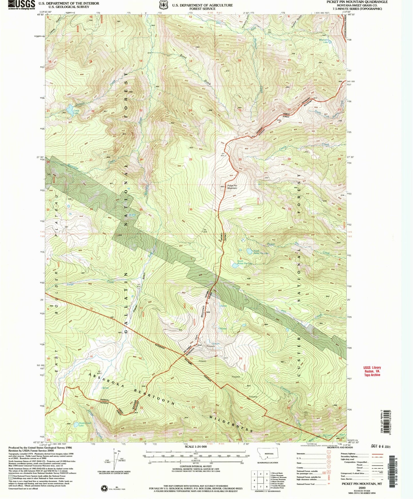 Classic USGS Picket Pin Mountain Montana 7.5'x7.5' Topo Map Image