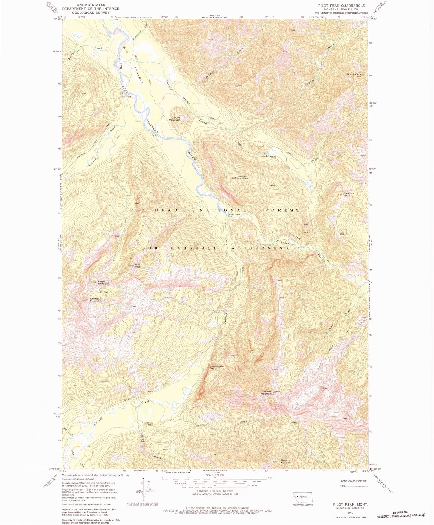 Classic USGS Pilot Peak Montana 7.5'x7.5' Topo Map Image