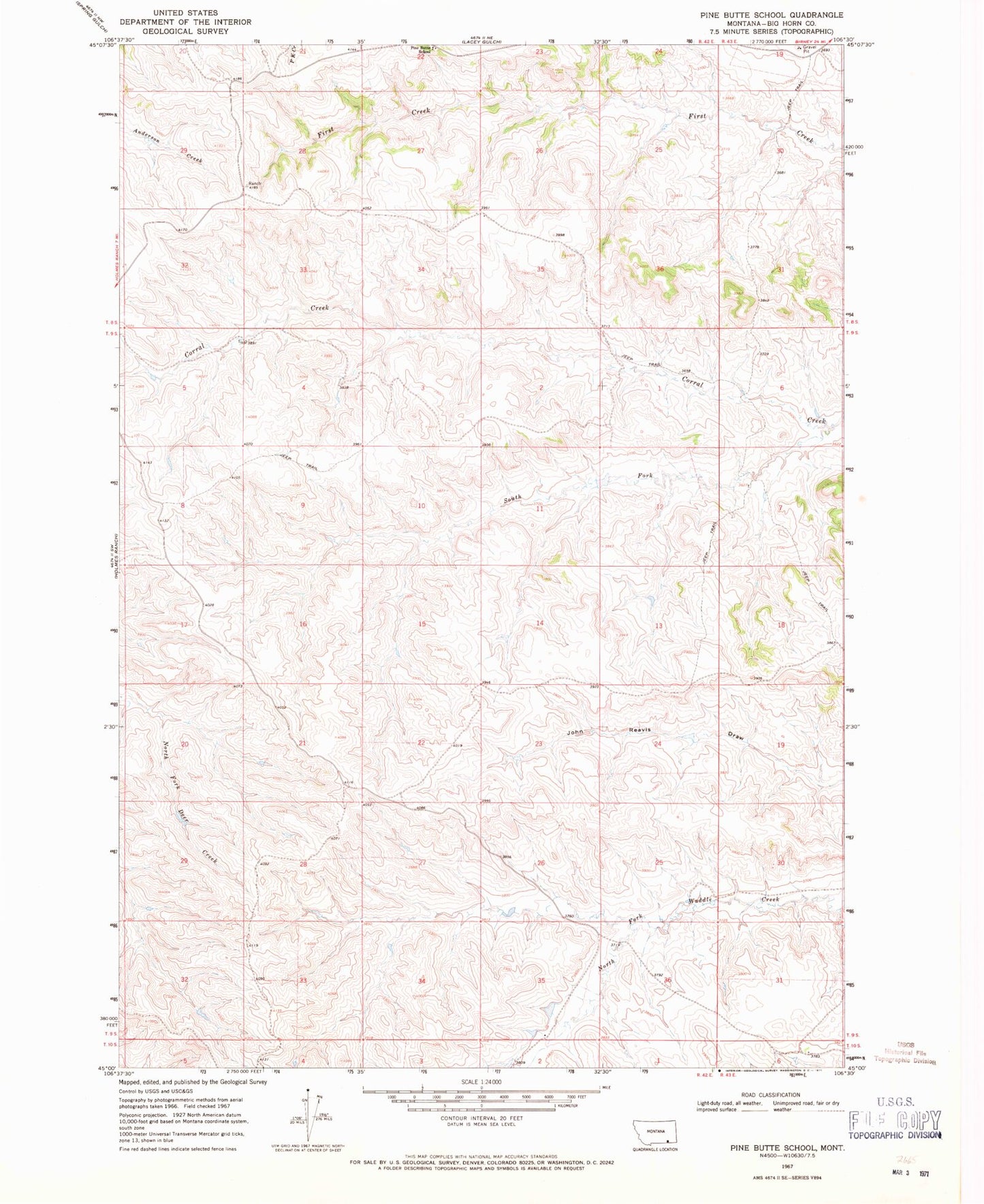 Classic USGS Pine Butte School Montana 7.5'x7.5' Topo Map Image