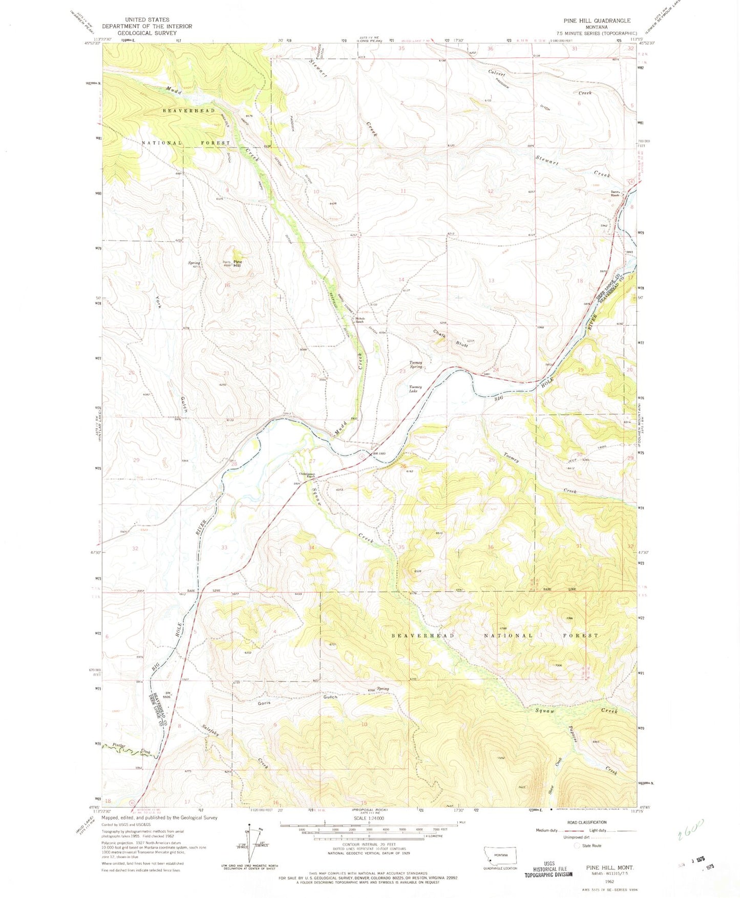 Classic USGS Pine Hill Montana 7.5'x7.5' Topo Map Image