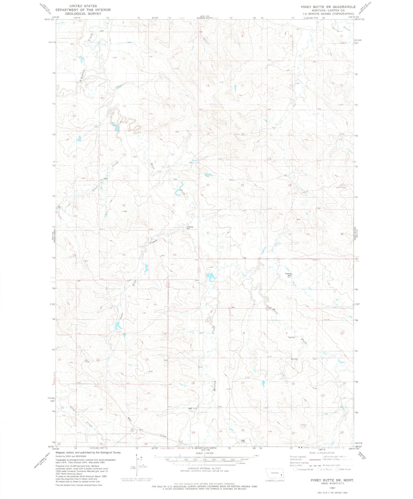 Classic USGS Piney Butte SW Montana 7.5'x7.5' Topo Map Image