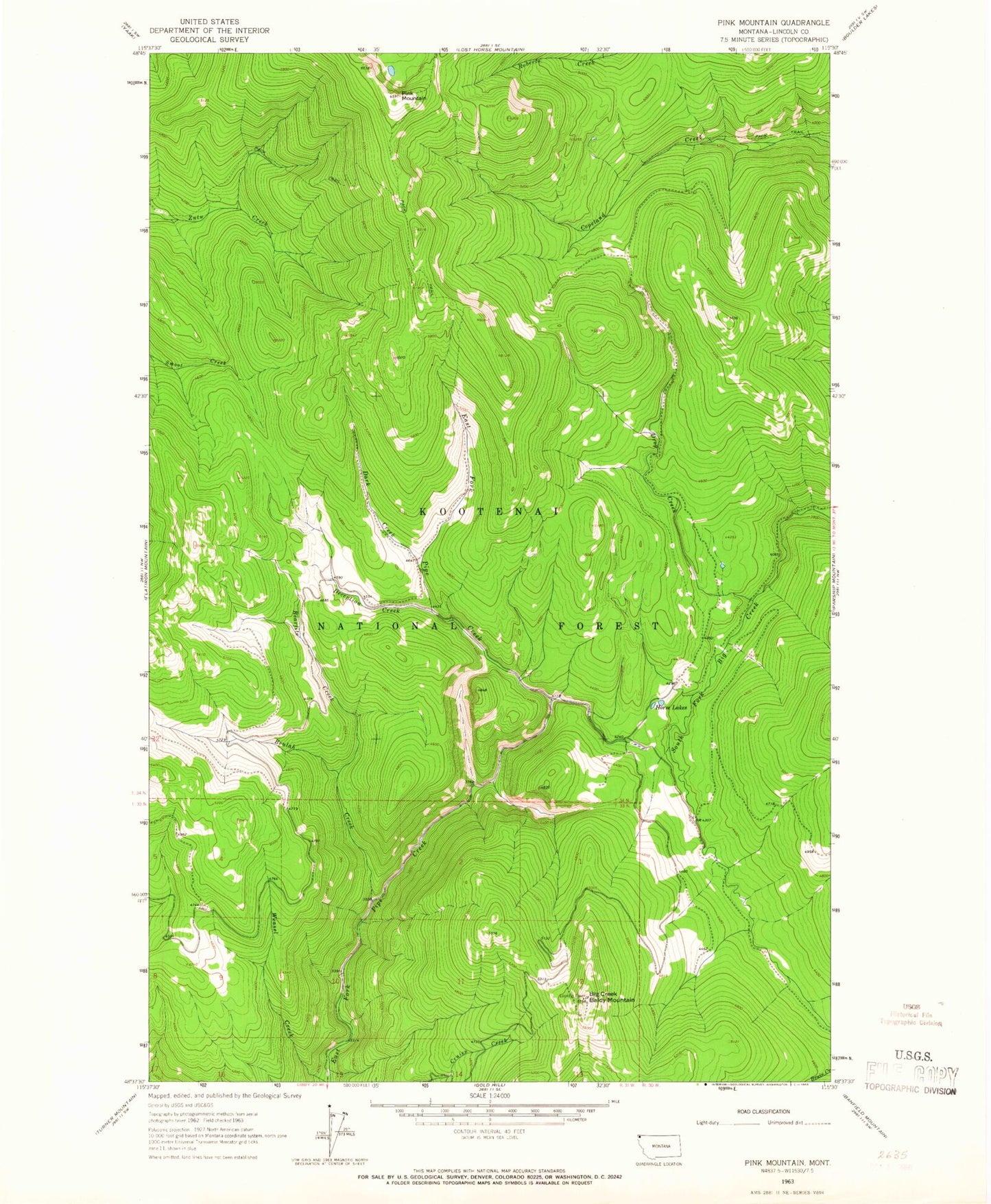 Classic USGS Pink Mountain Montana 7.5'x7.5' Topo Map Image